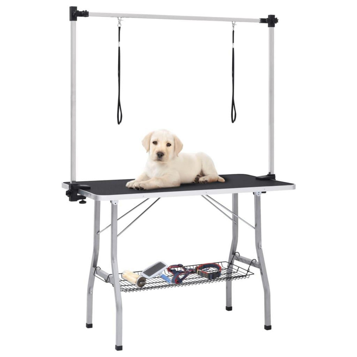 VIDAXL Table de toilettage reglable de chiens avec 2 boucles et panier