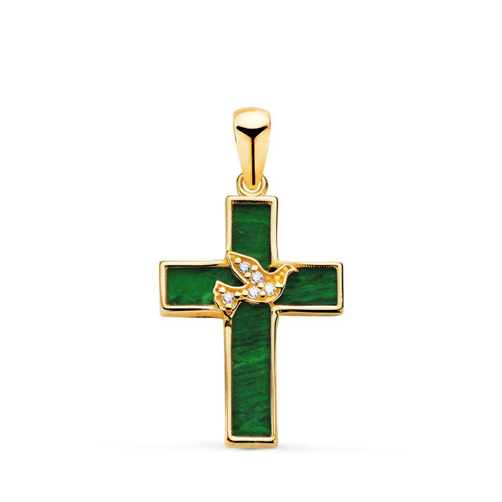 L'ATELIER D'AZUR Pendentif  - Médaille Croix Or 18 Carats 750 Jaune et Malachite - Motif Colombe Serti  - Chaine Offerte