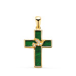 L'ATELIER D'AZUR Pendentif  - Médaille Croix Or 18 Carats 750 Jaune et Malachite - Motif Colombe Serti  - Chaine Offerte