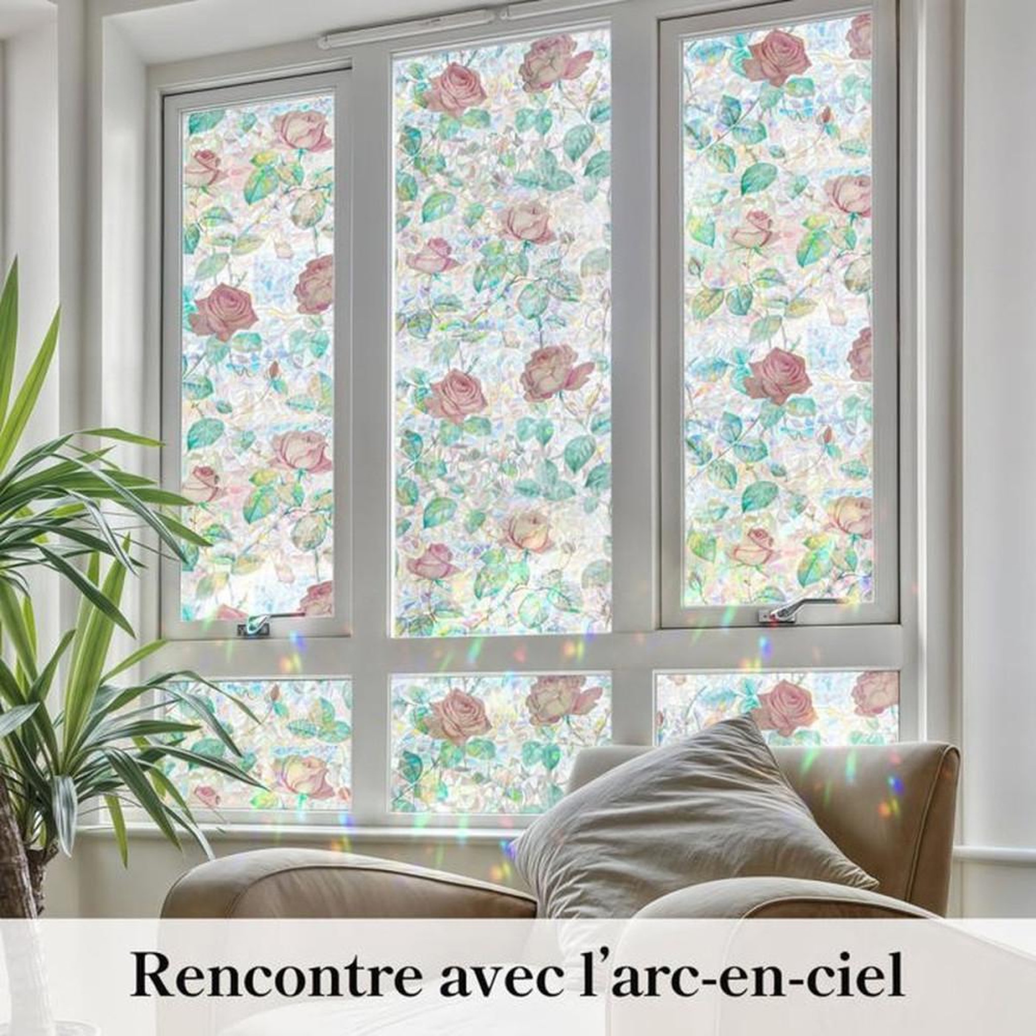 Voir la diapositive 3 : Film fenêtre 3D arc-en-ciel électrostatique sans colle motif roses 45 x 200 cm protection UV intimité