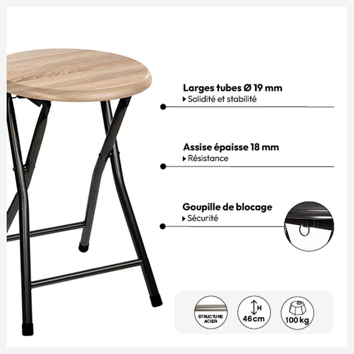 TOILINUX Lot de 2 Tabourets pliants en métal et MDF