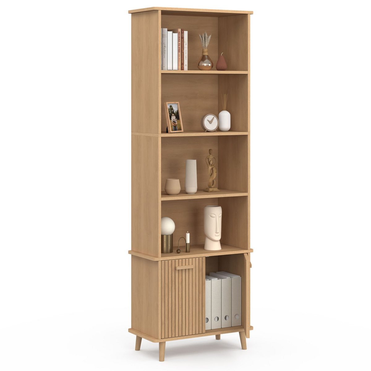 ID MARKET Etagère bibliothèque 4 niveaux avec placard JULIETTE lattes tasseau bois coloris chêne