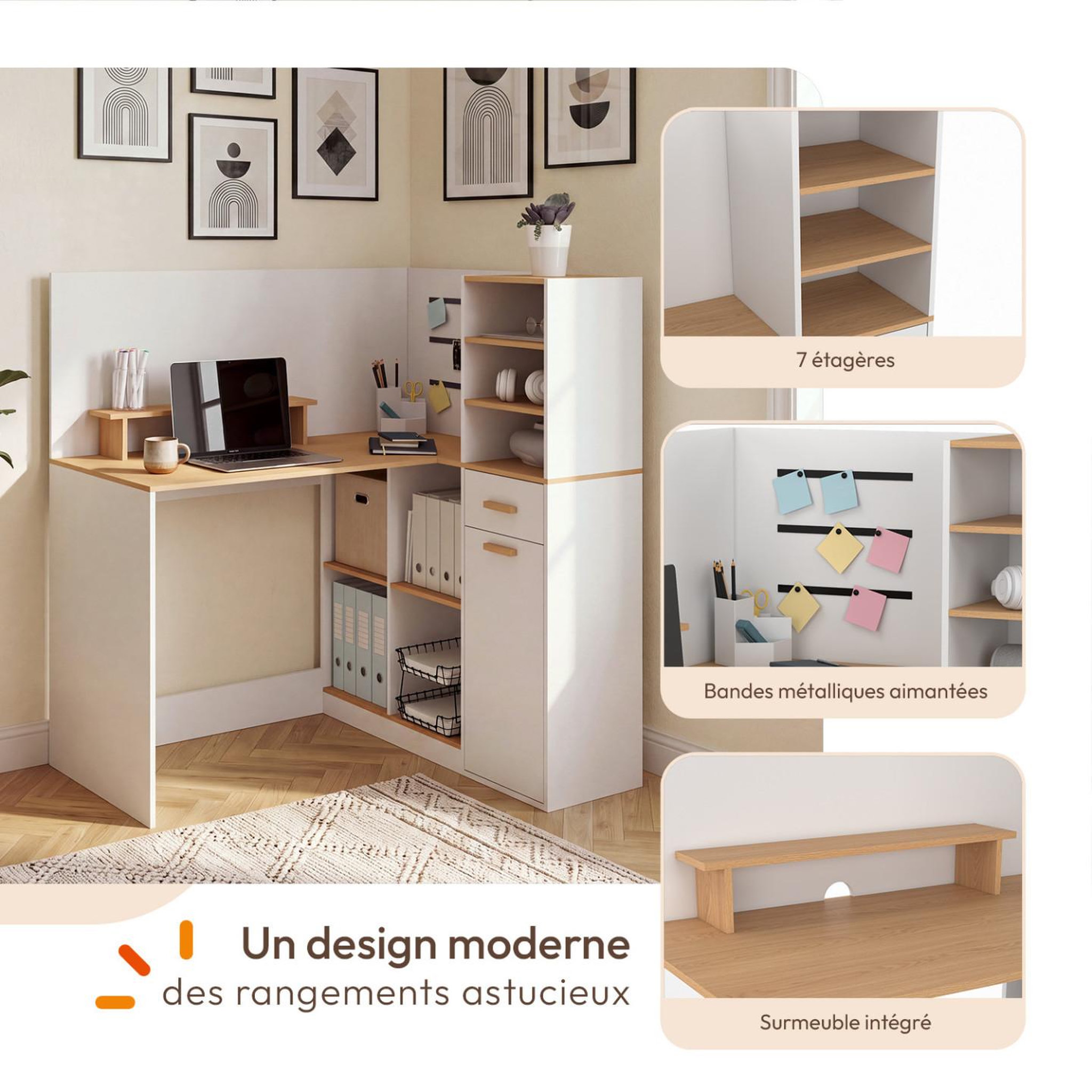 Voir la diapositive 3 : ID MARKET Bureau d'angle CHARLES 1 porte, niches et tiroir avec support écran blanc et bois façon hêtre