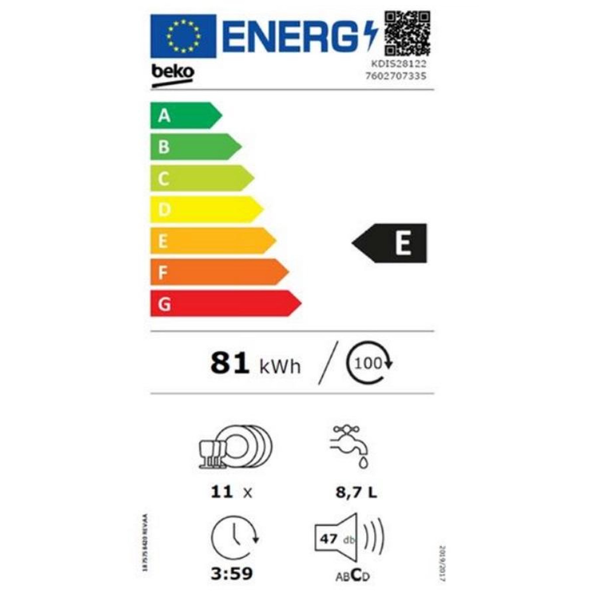 Voir la diapositive 2 : Beko Lave-vaisselle 45cm 11 couverts 47db tout intégrable - kdis28122