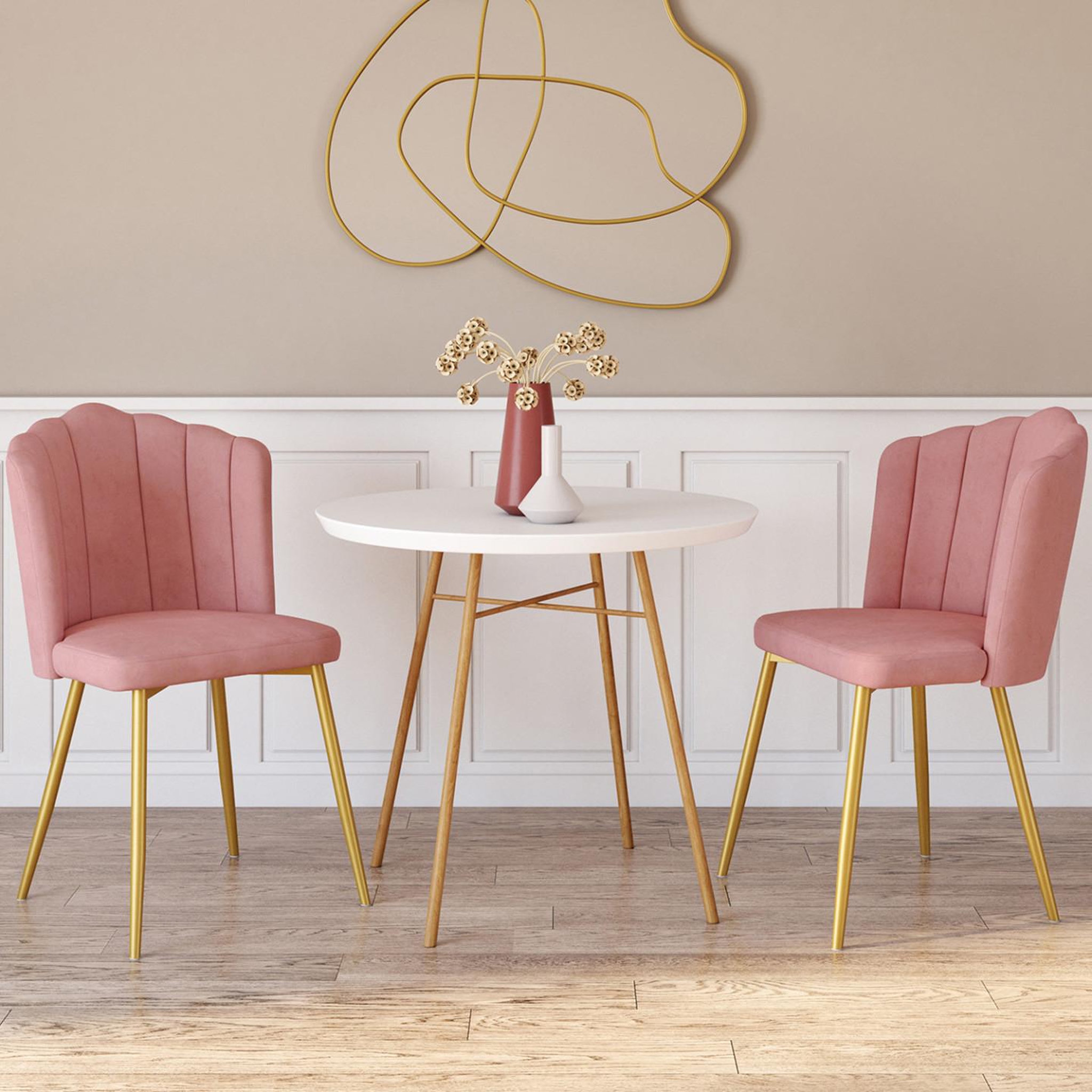 Voir la diapositive 2 : ID MARKET Lot de 2 chaises coquillage adella rose en velours pieds dorés