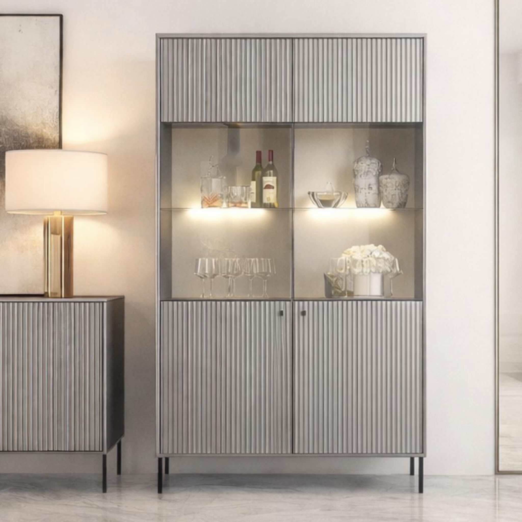 Voir la diapositive 2 : JLC KREATION Vitrine moderne grise 2 portes vitrées simy