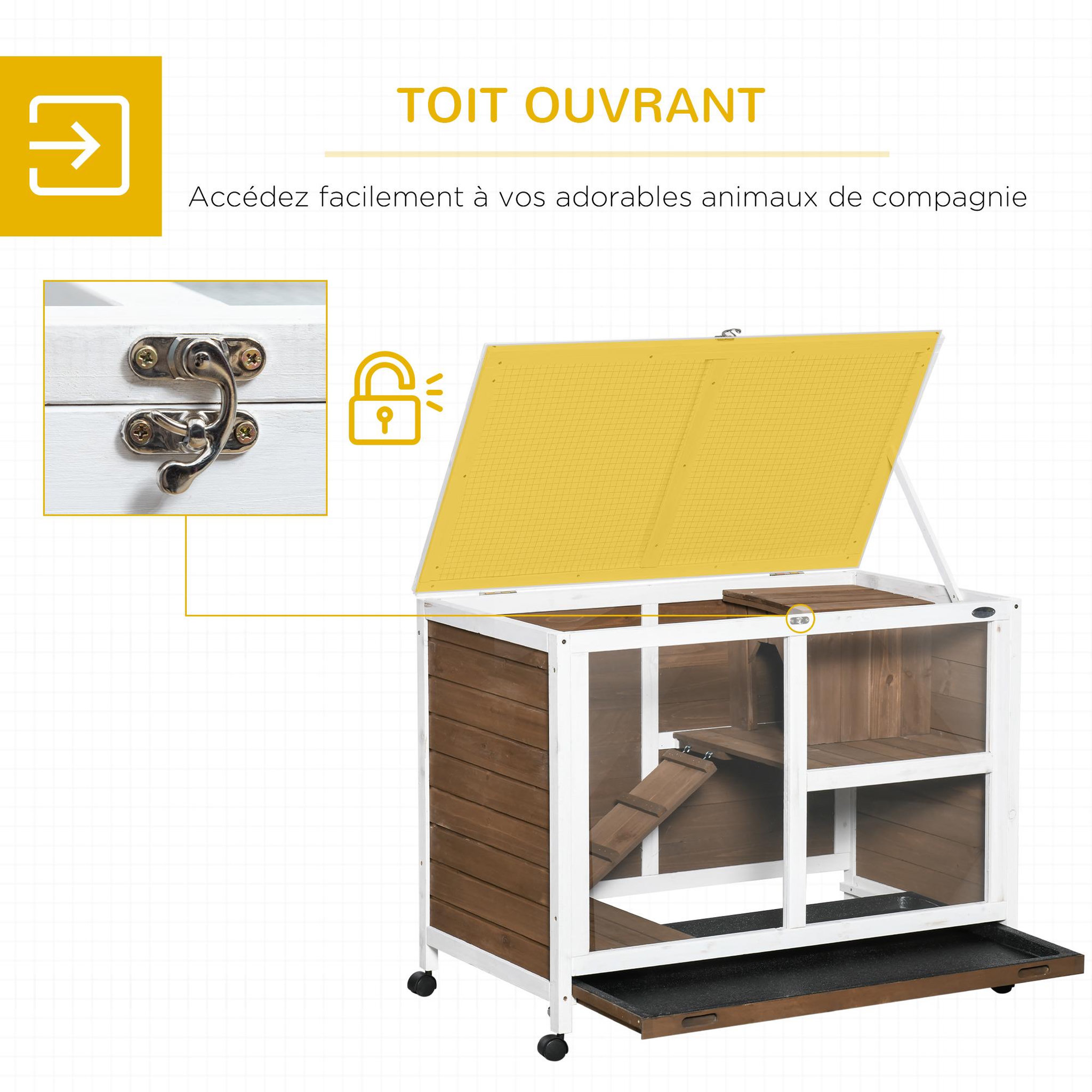 Voir la diapositive 5 : PAWHUT Clapier à lapin sur roulettes cage à lapin 2 niveaux toit ouvrant verrouillable plateau déjection coulissant rampe niche bois de sapin marron blanc