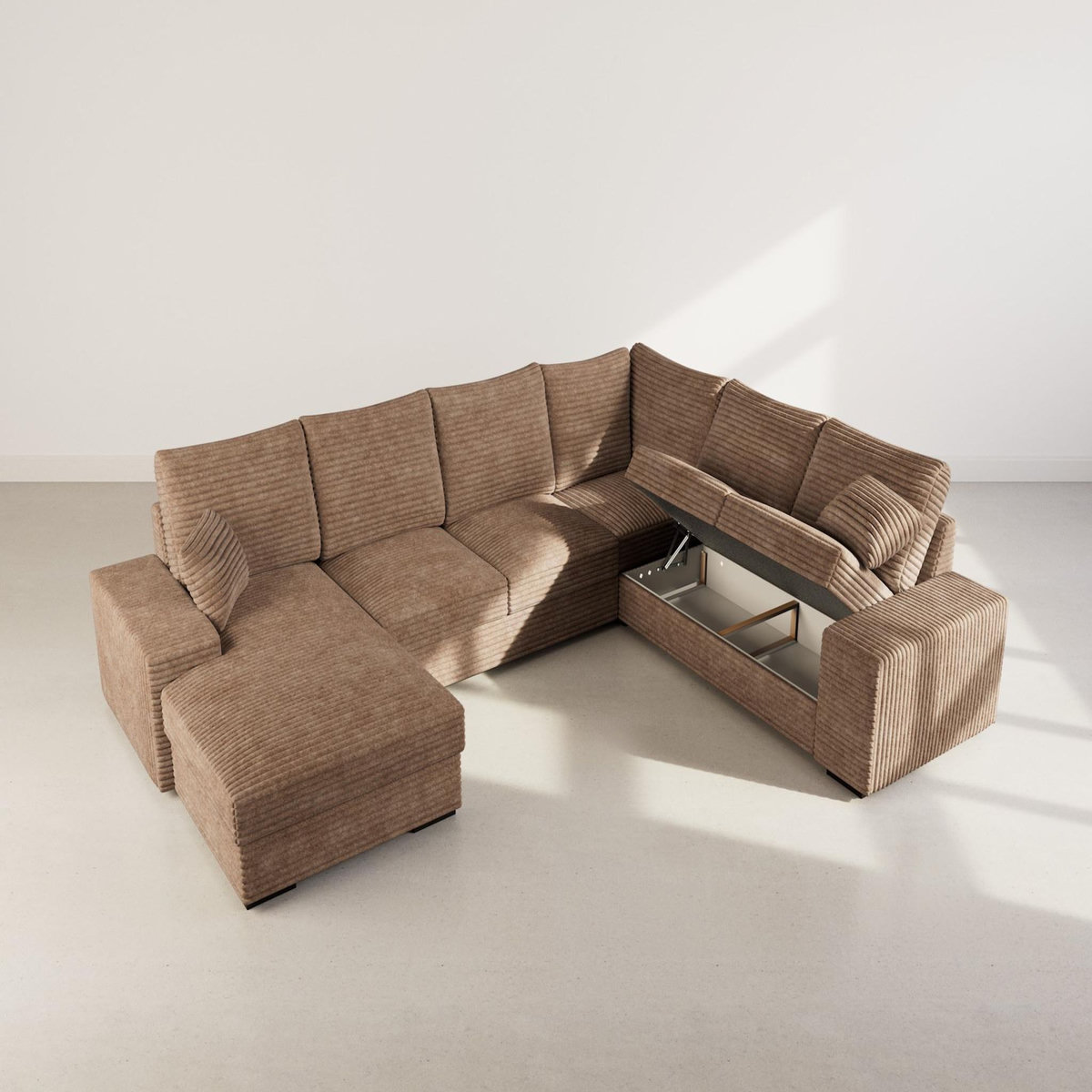 BEST MOBILIER Lorie - canapé panoramique d'angle droit 7 places convertible en velours côtelé grosse côte avec coffre