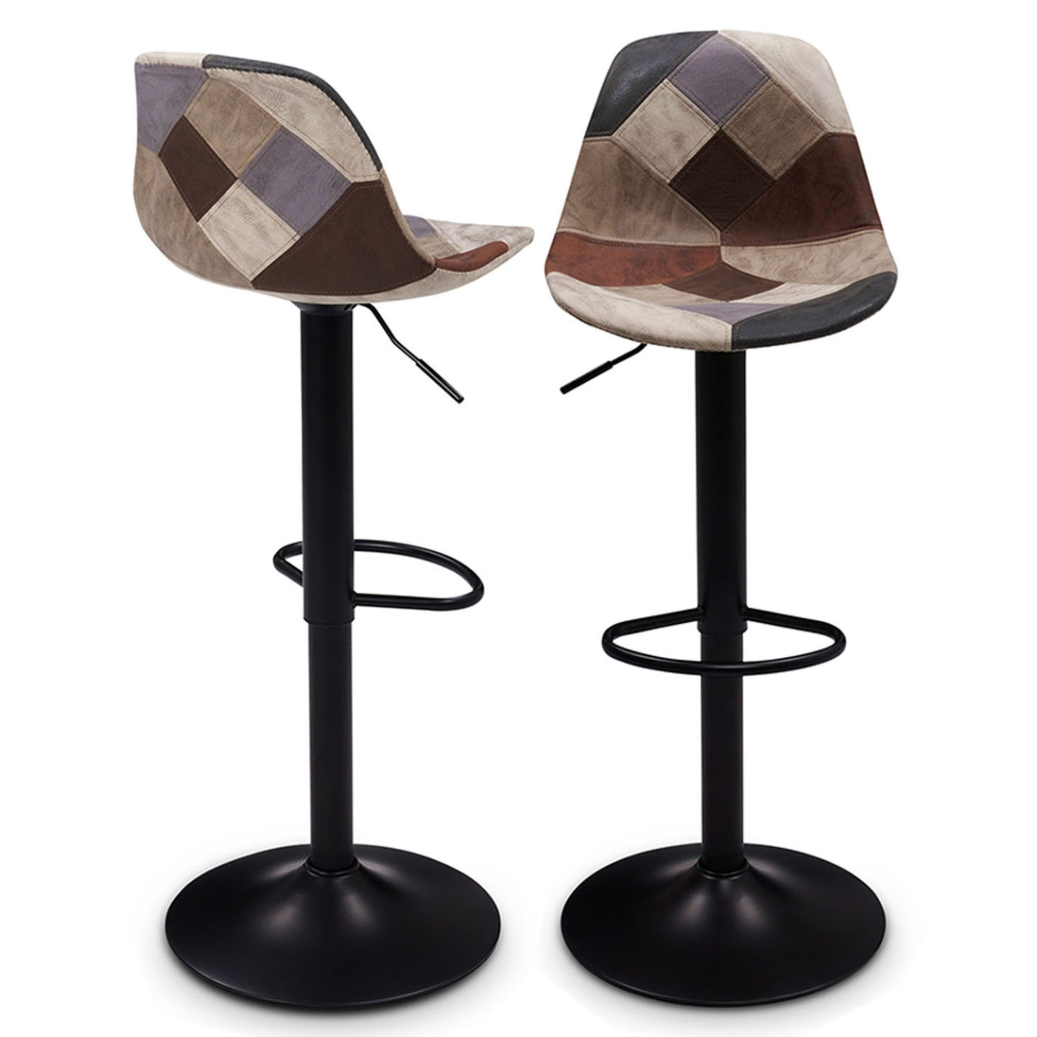 ID MARKET Lot de 2 tabourets de bar karl design patchworks marron, gris et beiges pied noir