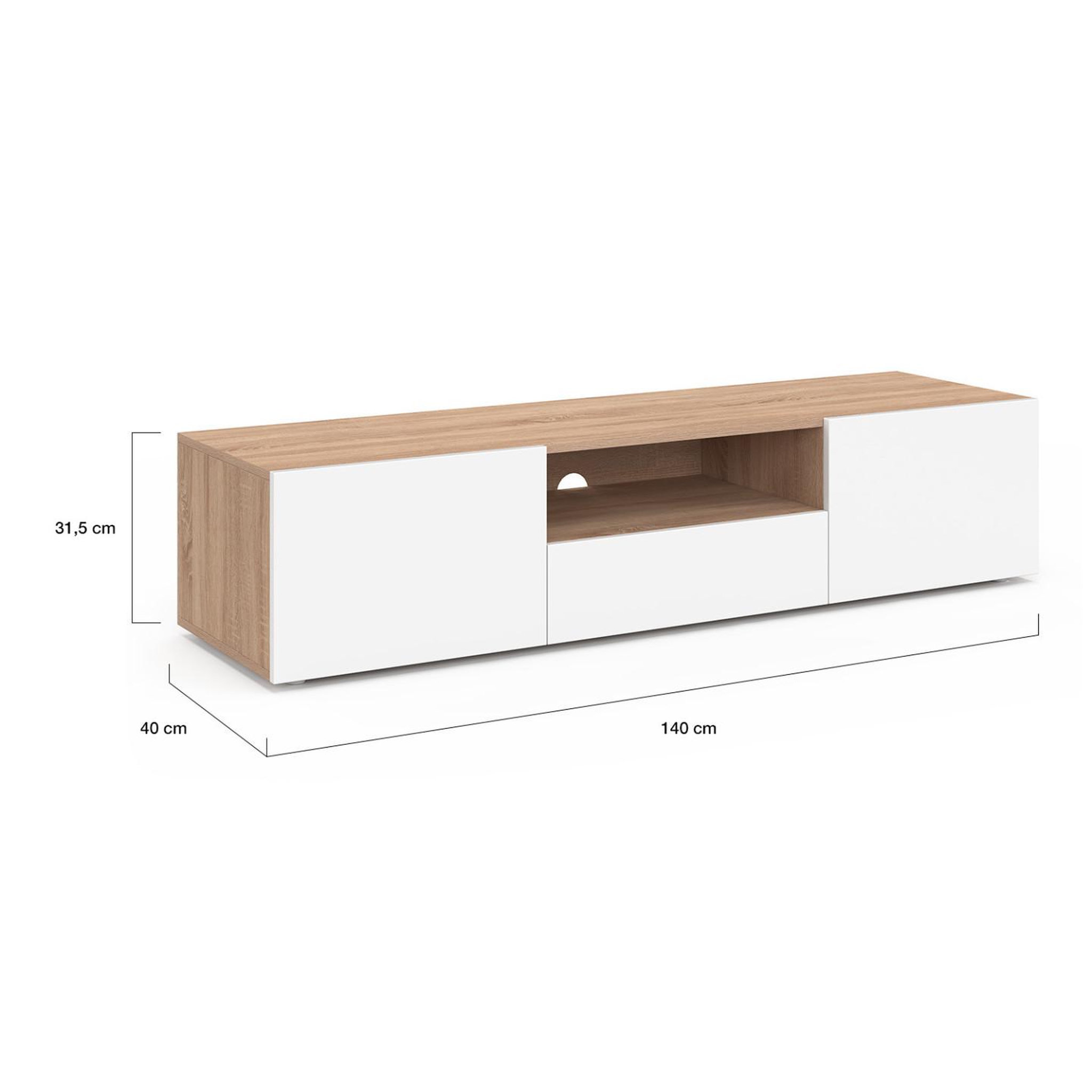 Voir la diapositive 5 : ID MARKET Meuble tv 140 cm eli bois façon hêtre portes blanches