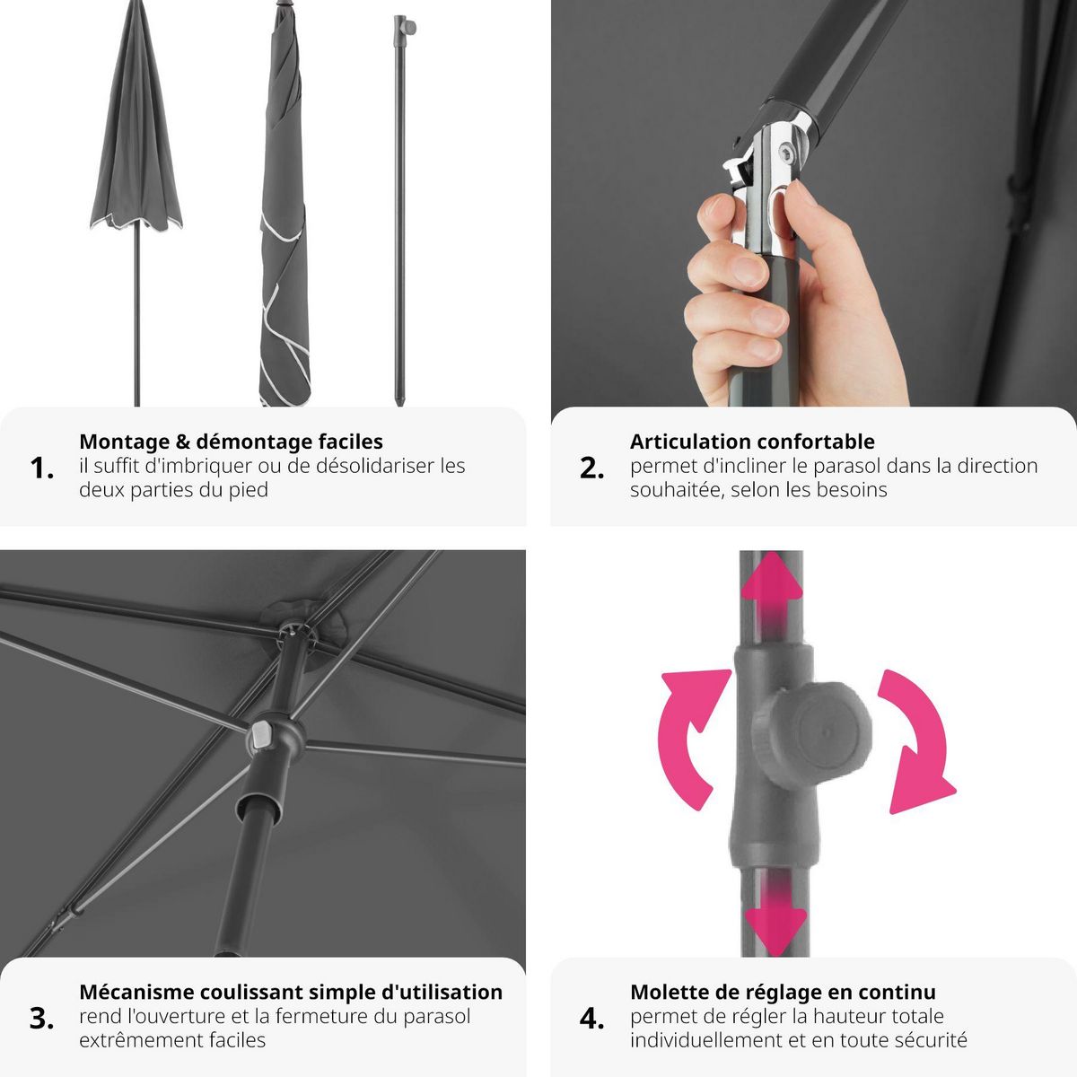 tectake Parasol VANESSA 200 x 125 cm réglable en hauteur et inclinable