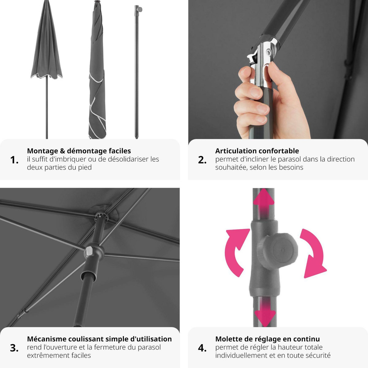 tectake Parasol VANESSA 200 x 125 cm réglable en hauteur et inclinable