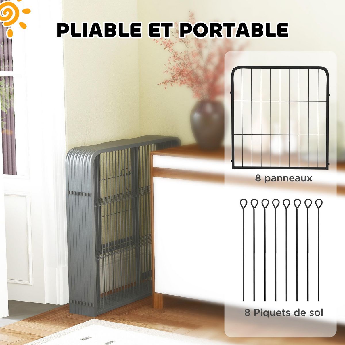 PAWHUT Parc enclos chien modulable pliable 8 panneaux porte verrouillable acier époxy noir
