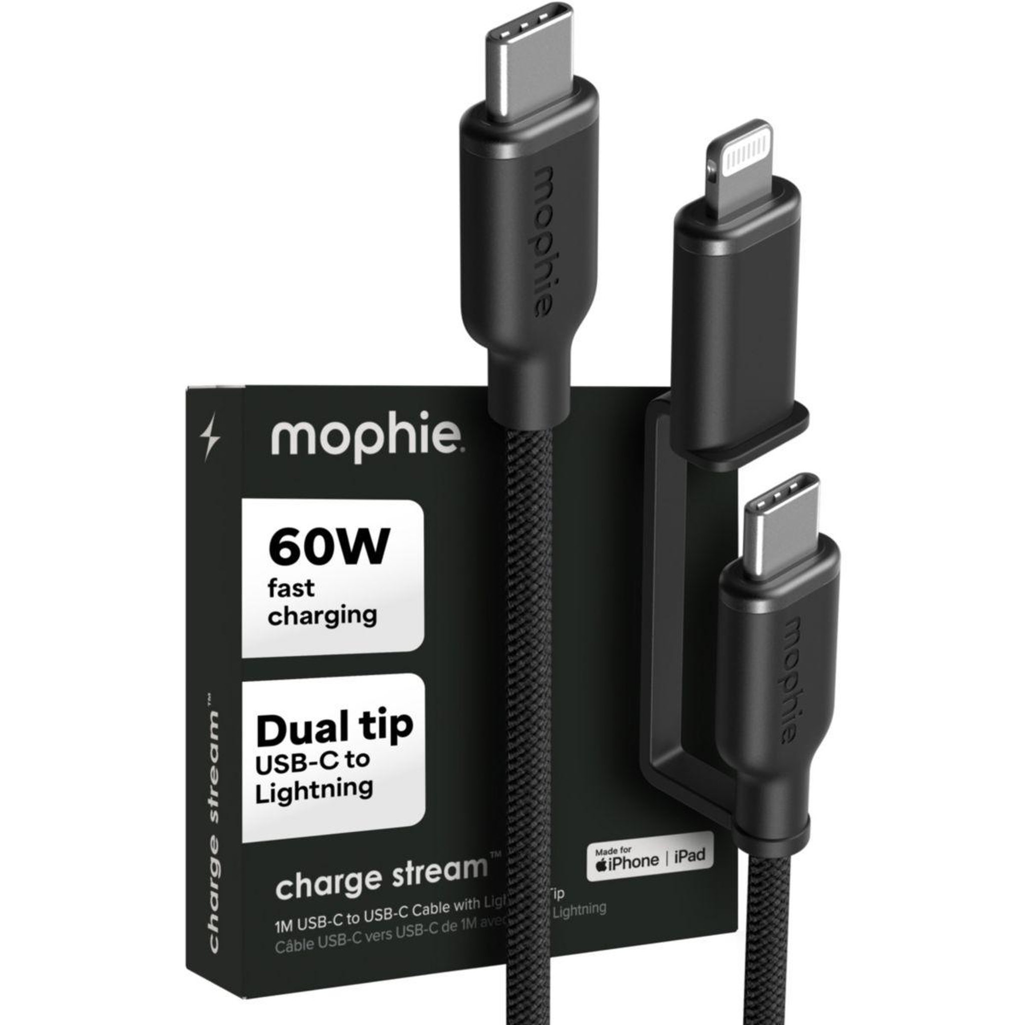 Voir la diapositive 1 : Mophie Câble de charge usb-c + lightning 1m noir chargestream