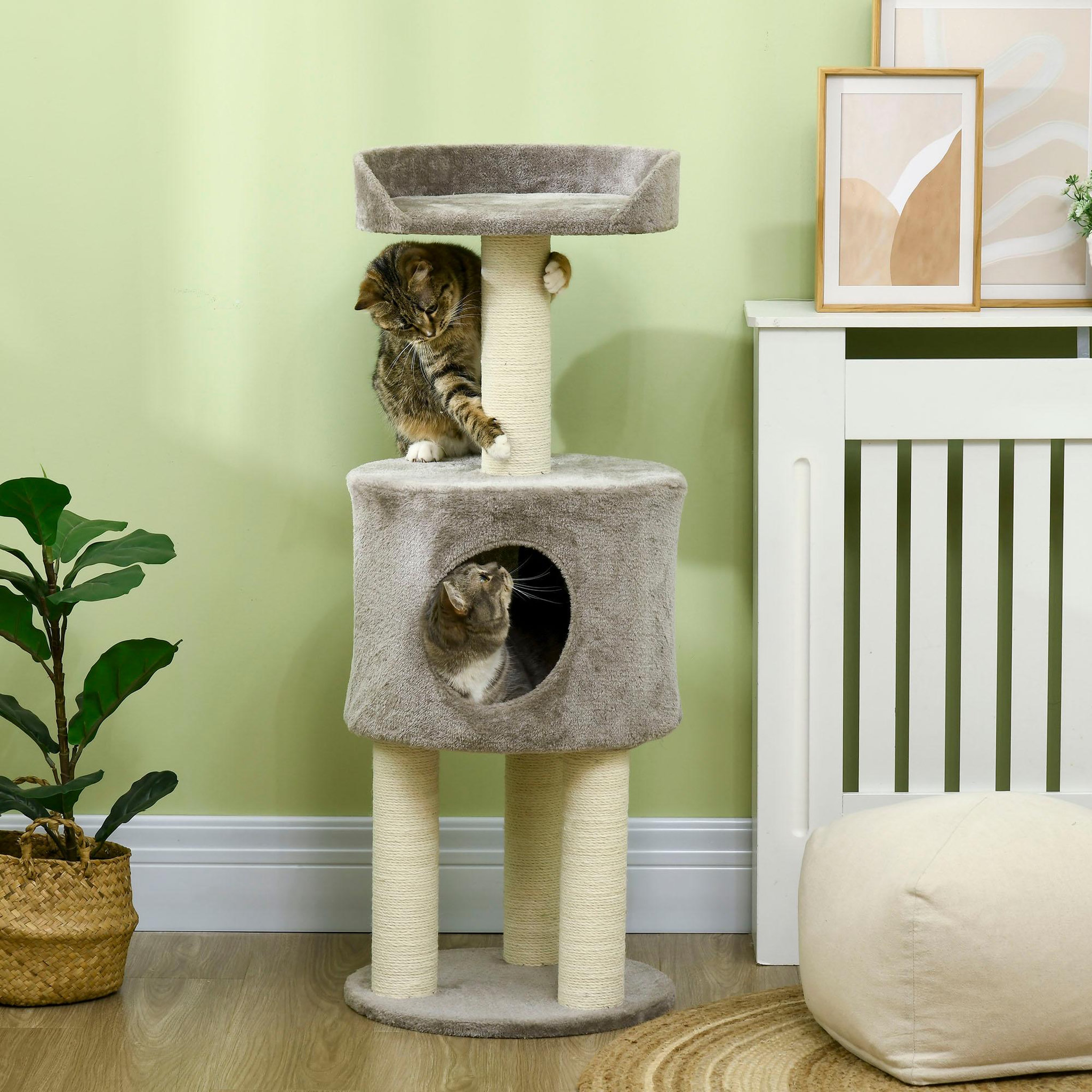 Voir la diapositive 2 : PAWHUT Arbre à chat griffoirs sisal naturel arbre à grimper h.103 cm niche plateforme d'observation peluche grise