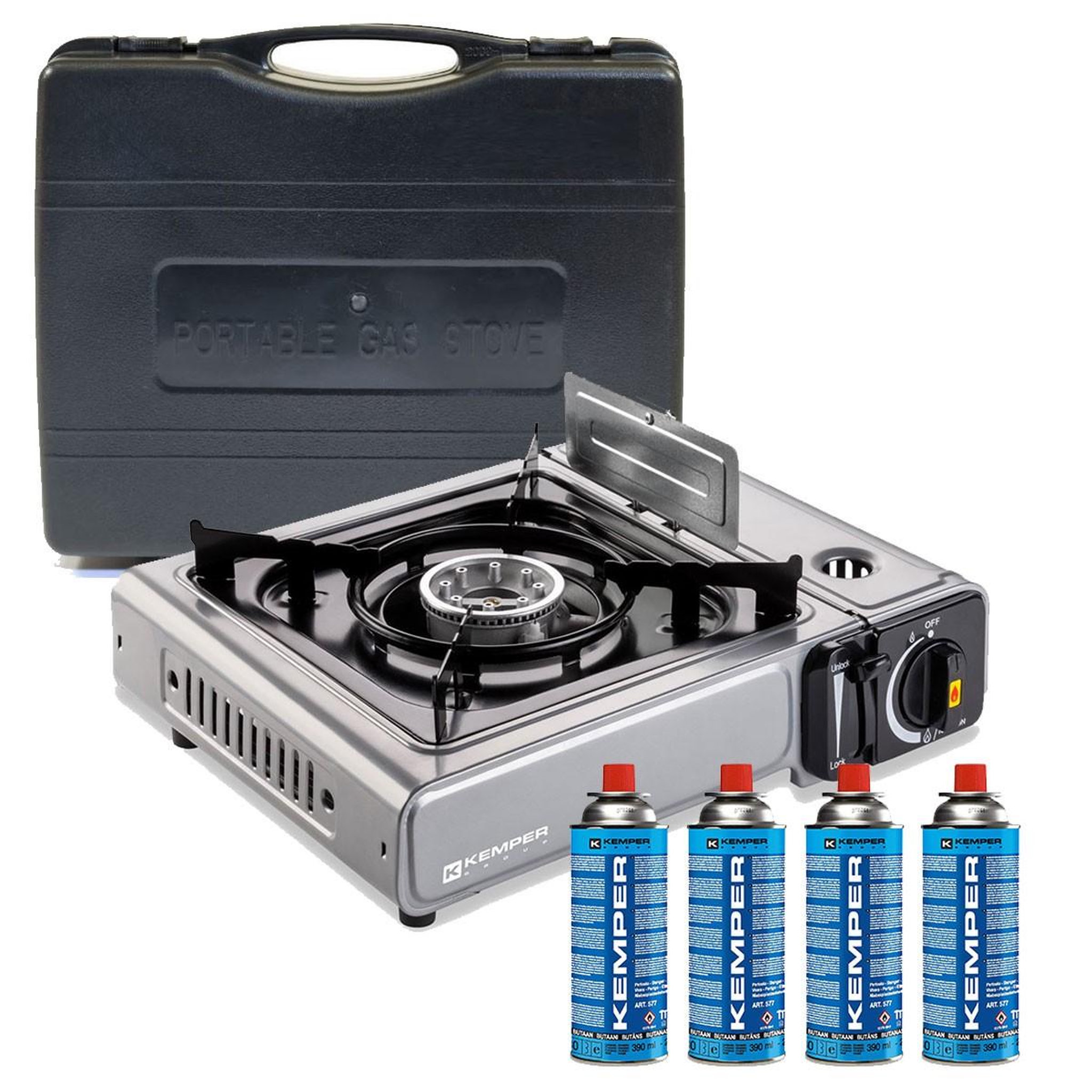 Kemper Réchaud à gaz 2200w inox + 4 cartouches de gaz double système de sécurité puissance réglable kemper