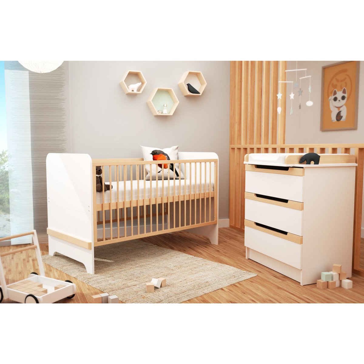 AT4 Lit bébé évolutif en bois CARROUSEL Blanc et Hêtre Verni 70 x 140 cm