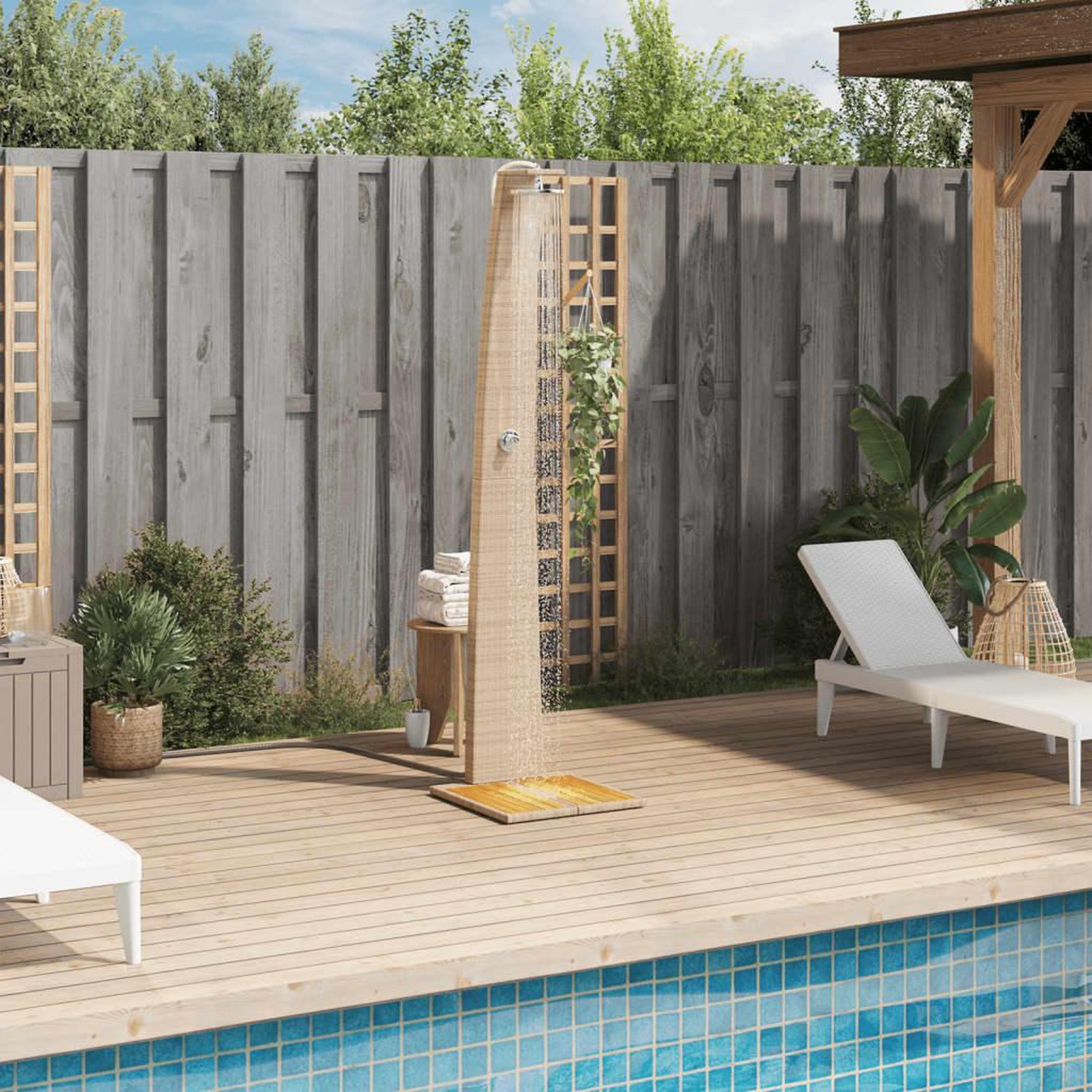 Voir la diapositive 3 : VIDAXL Douche d'exterieur beige 55x60x224cm resine tressee bois acacia