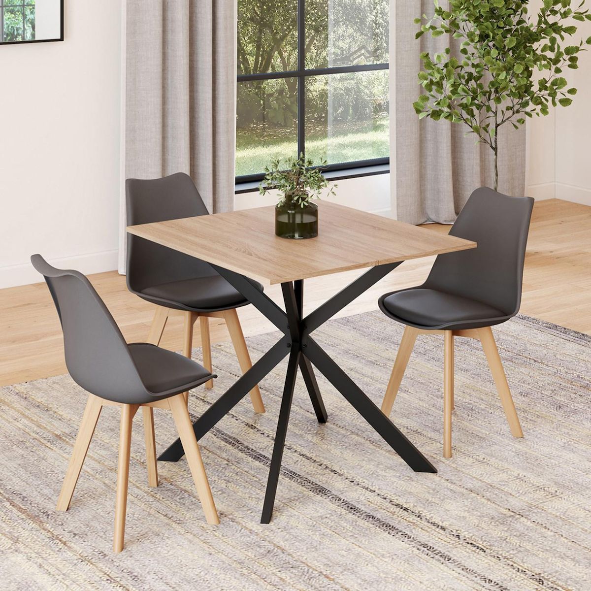 ID MARKET Table à manger extensible carrée ALIX 4-6 personnes pied araignée bois et noir 80-120 cm