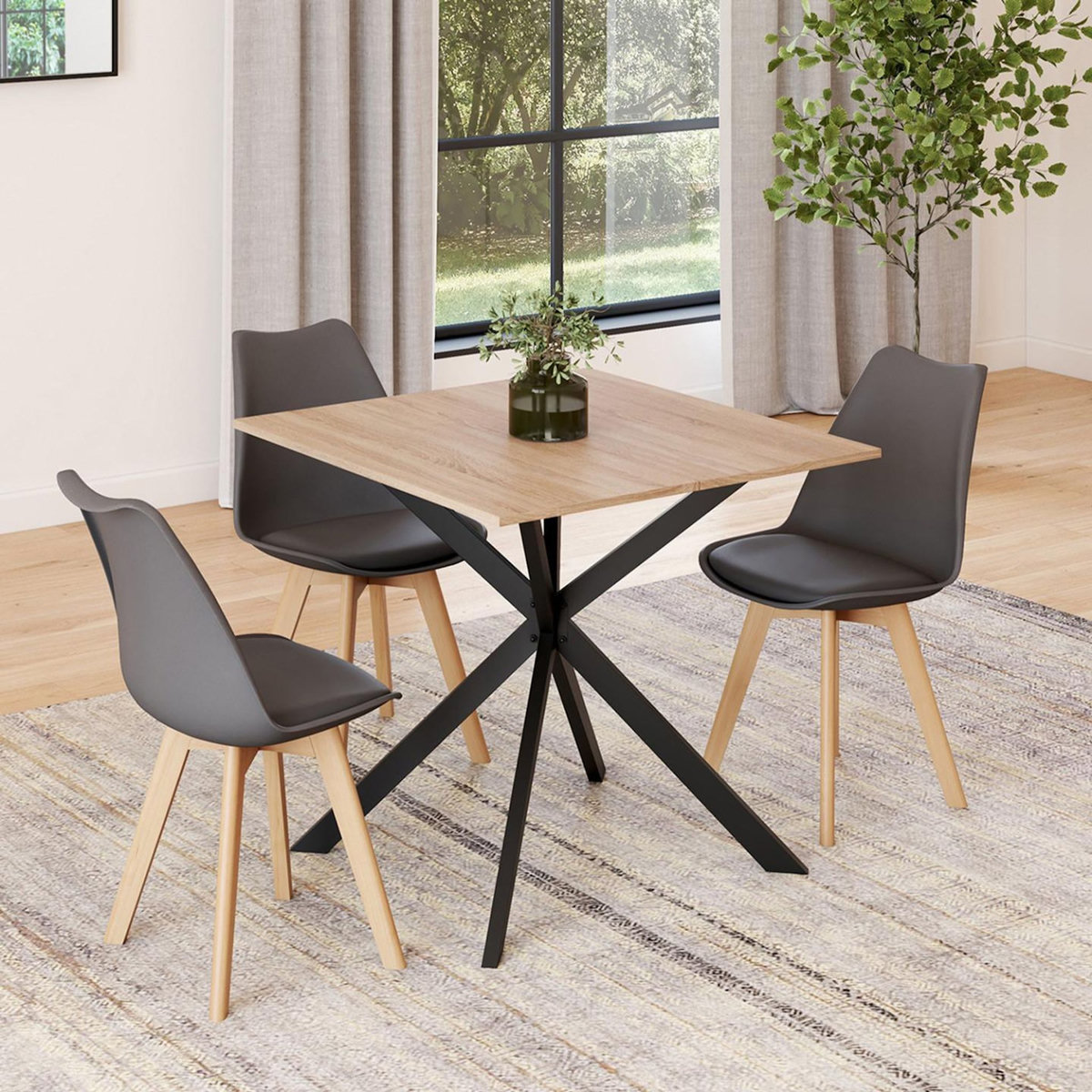 ID MARKET Table à manger extensible carrée ALIX 4-6 personnes pied araignée bois et noir 80-120 cm