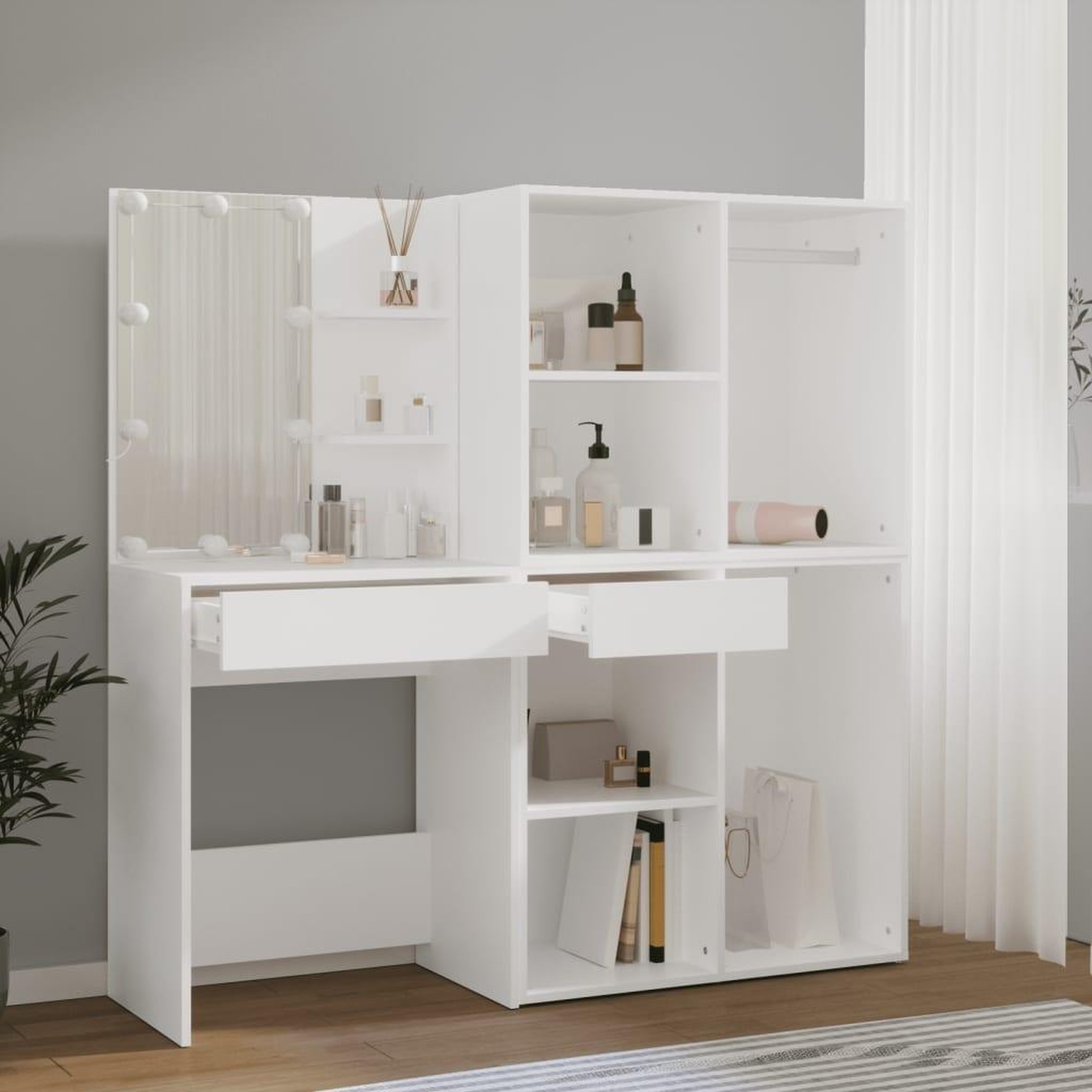 Voir la diapositive 5 : VIDAXL Coiffeuse a LED avec 2 armoires Blanc Bois d'ingenierie