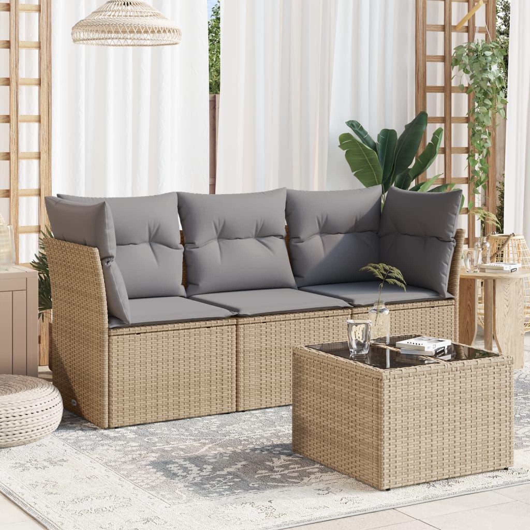 VIDAXL Salon de jardin avec coussins 4 pcs beige resine tressee