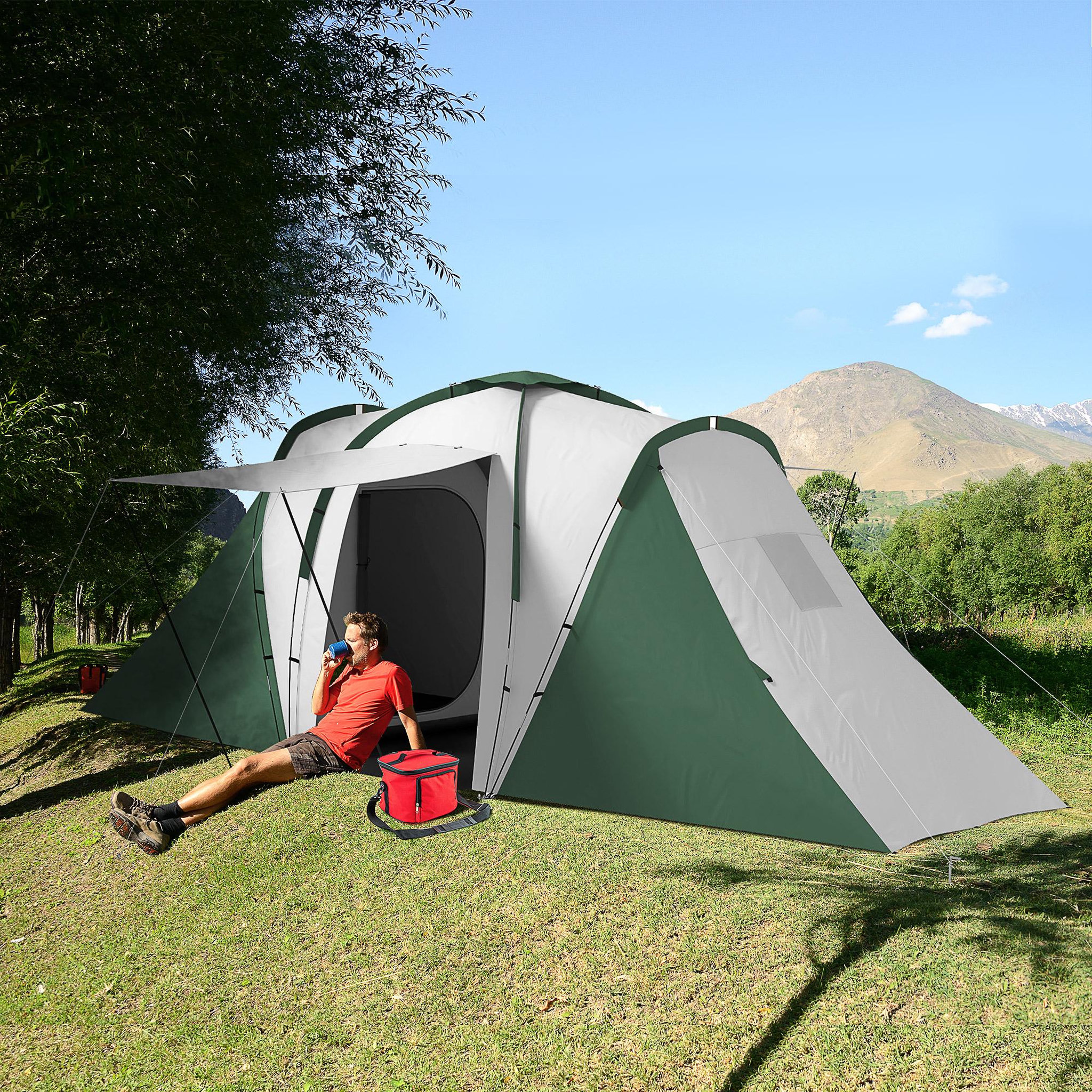 Voir la diapositive 2 : OUTSUNNY Tente de camping familiale 4-6 pers. - tente tunnel 2 grandes portes sac inclus - fibre verre polyester gris vert