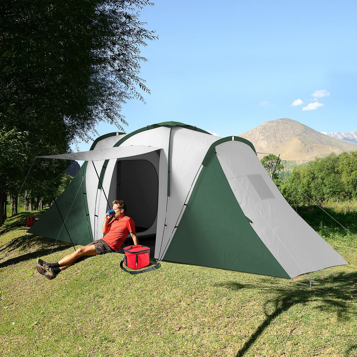 OUTSUNNY Tente de camping familiale 4-6 pers. - tente tunnel 2 grandes portes sac inclus - fibre verre polyester gris vert
