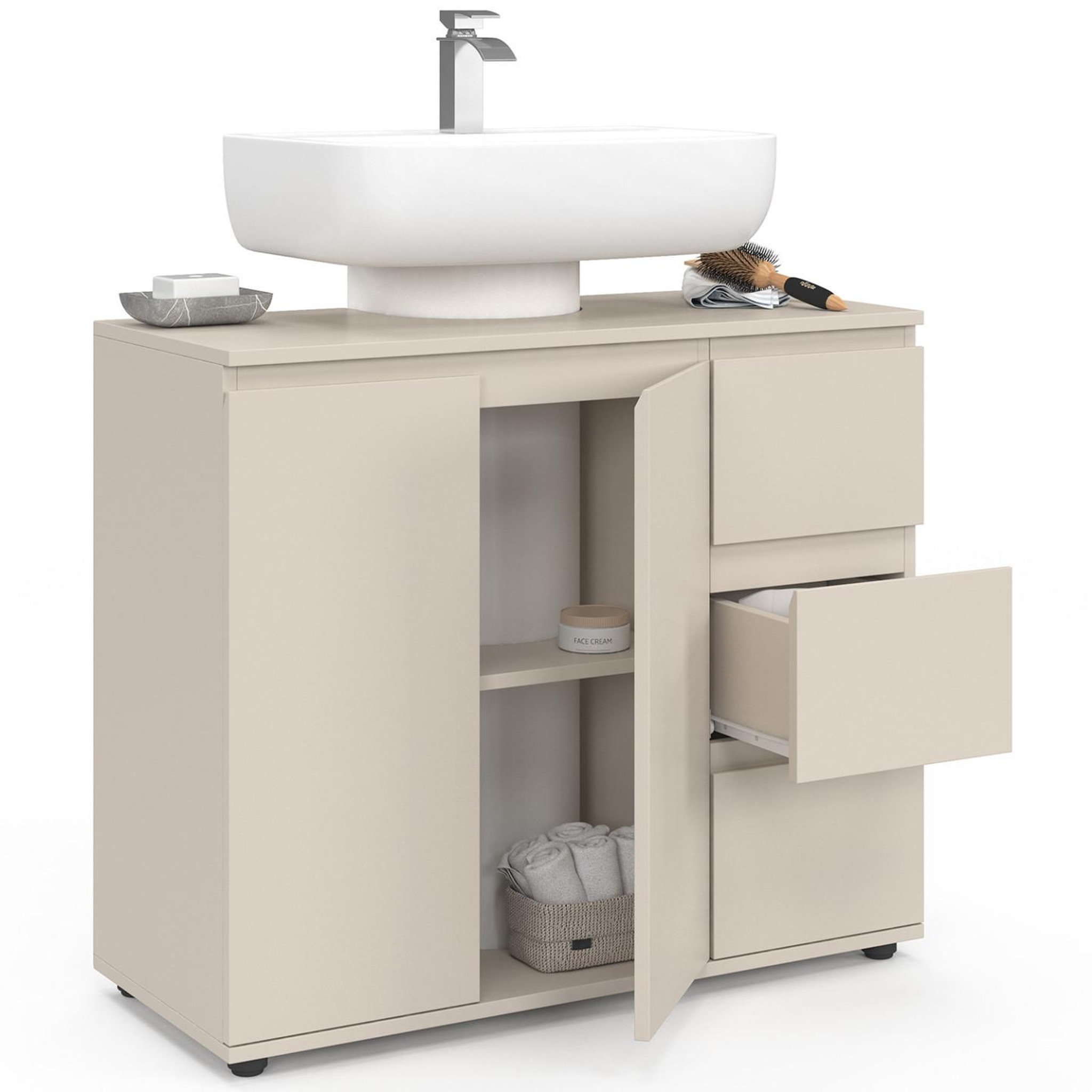 Voir la diapositive 3 : ID MARKET Meuble sous lavabo salle de bain tomi avec placard et 3 tiroirs beige