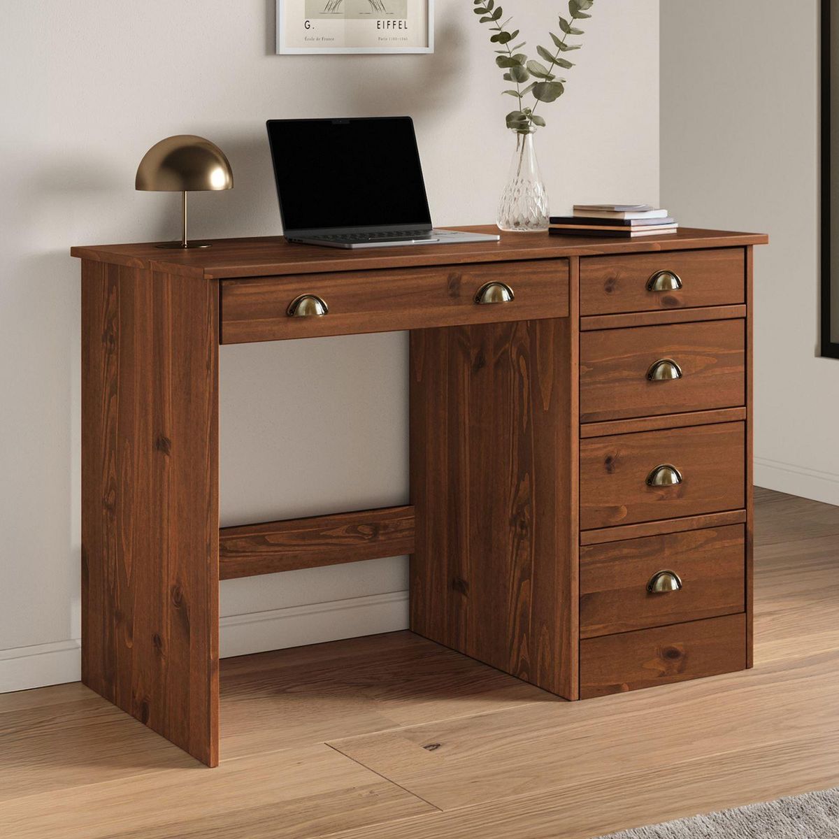 IDIMEX Bureau LANA avec 5 tiroirs en pin massif