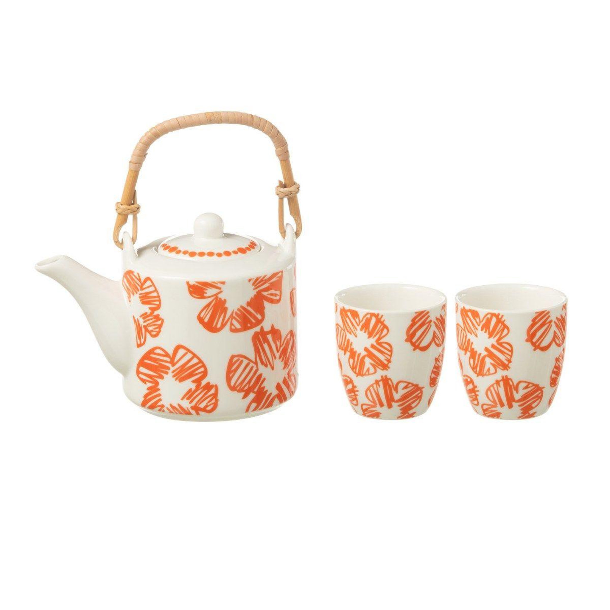 J-LINE Théière & 2 tasses design fleurs  fiesta sud  16cm orange