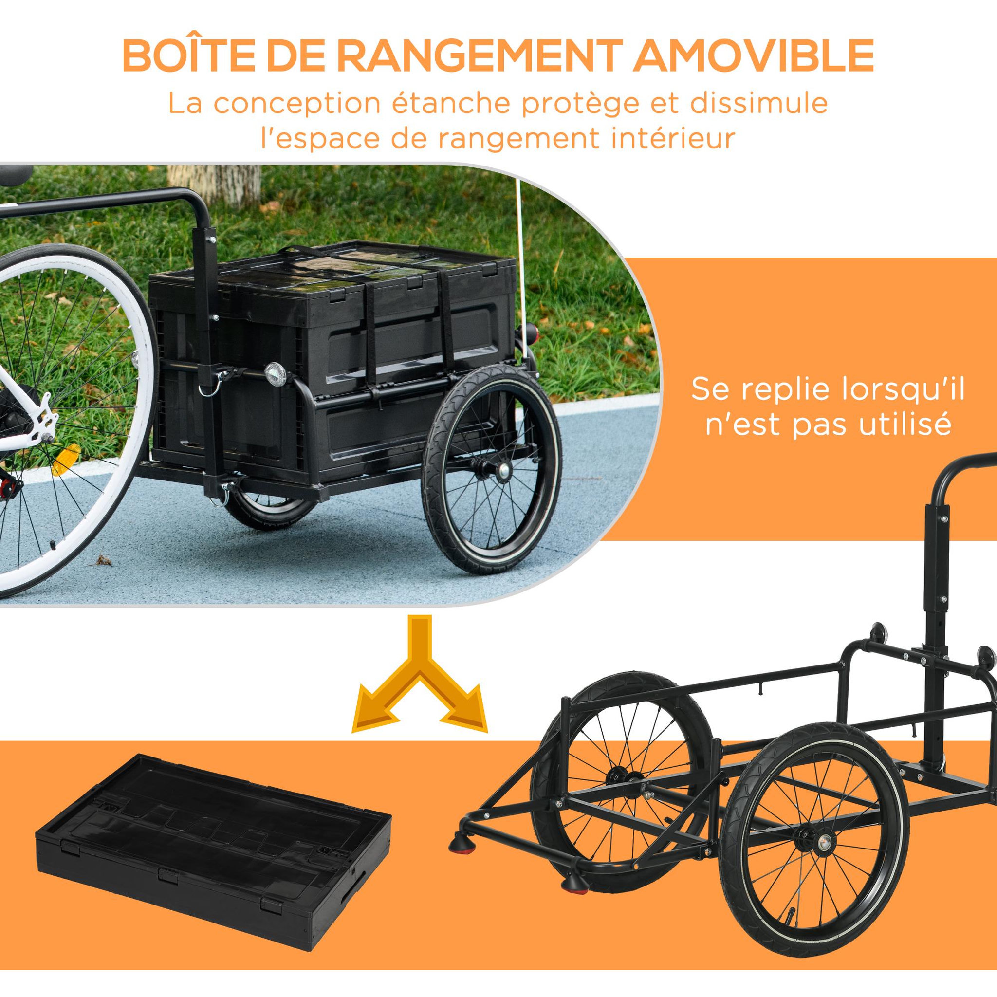 Voir la diapositive 4 : HOMCOM Remorque vélo cargo - coffre pliable amovible 65l - réflecteurs, drapeau - pneus 16'' acier pp noir