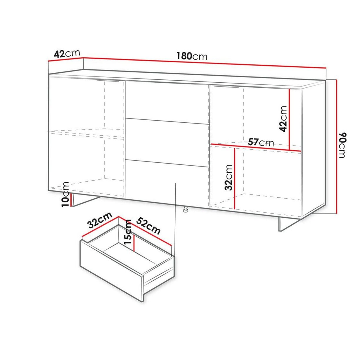 BEST MOBILIER Canterbury - buffet bas - beige - 3 tiroirs et 2 portes - 180 cm