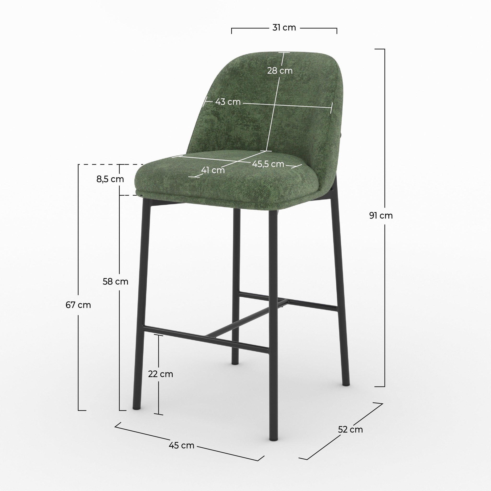 Voir la diapositive 4 : MAISON PAVANE Lot de 2 chaises pour îlot central 67 cm en tissu vert sapin-noah