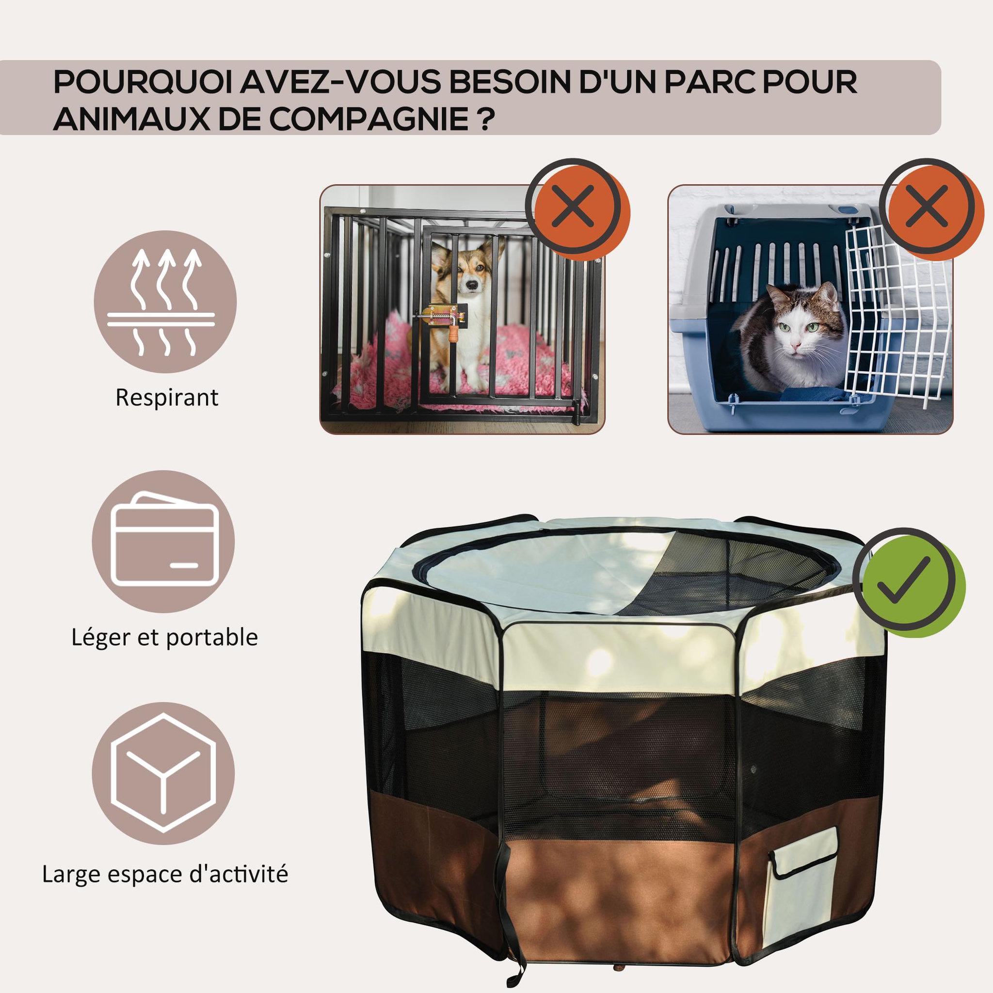 Voir la diapositive 5 : PAWHUT Parc enclos pliable chien chat ø 117 x 76h cm - 2 portes, 2 poches, sac transport - acier oxford marron beige