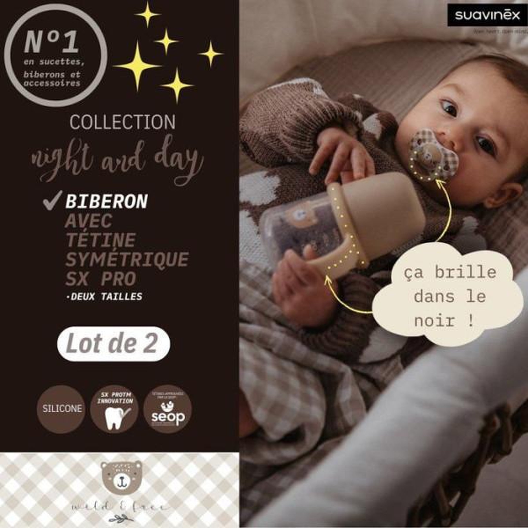 Voir la diapositive 6 : Suavinex Biberon avec anses - SUAVINEX - NIGHT&DAY WILD&FREE - 150 ml - 6 mois et plus - Bleu
