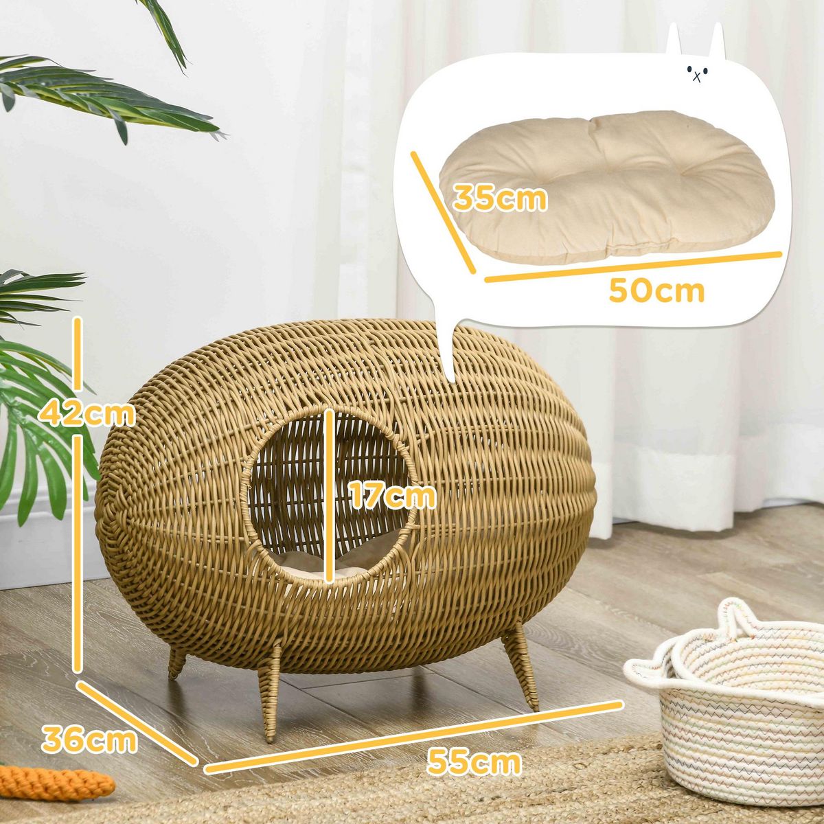 PAWHUT Panier pour chat en résine tressée imitation rotin grand confort dim. 55L x 36l x 42H cm coussin moelleux beige inclus
