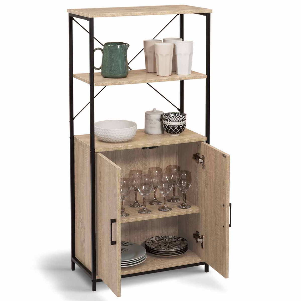 ID MARKET Buffet haut 2 portes H. 125 cm DETROIT avec étagères design industriel