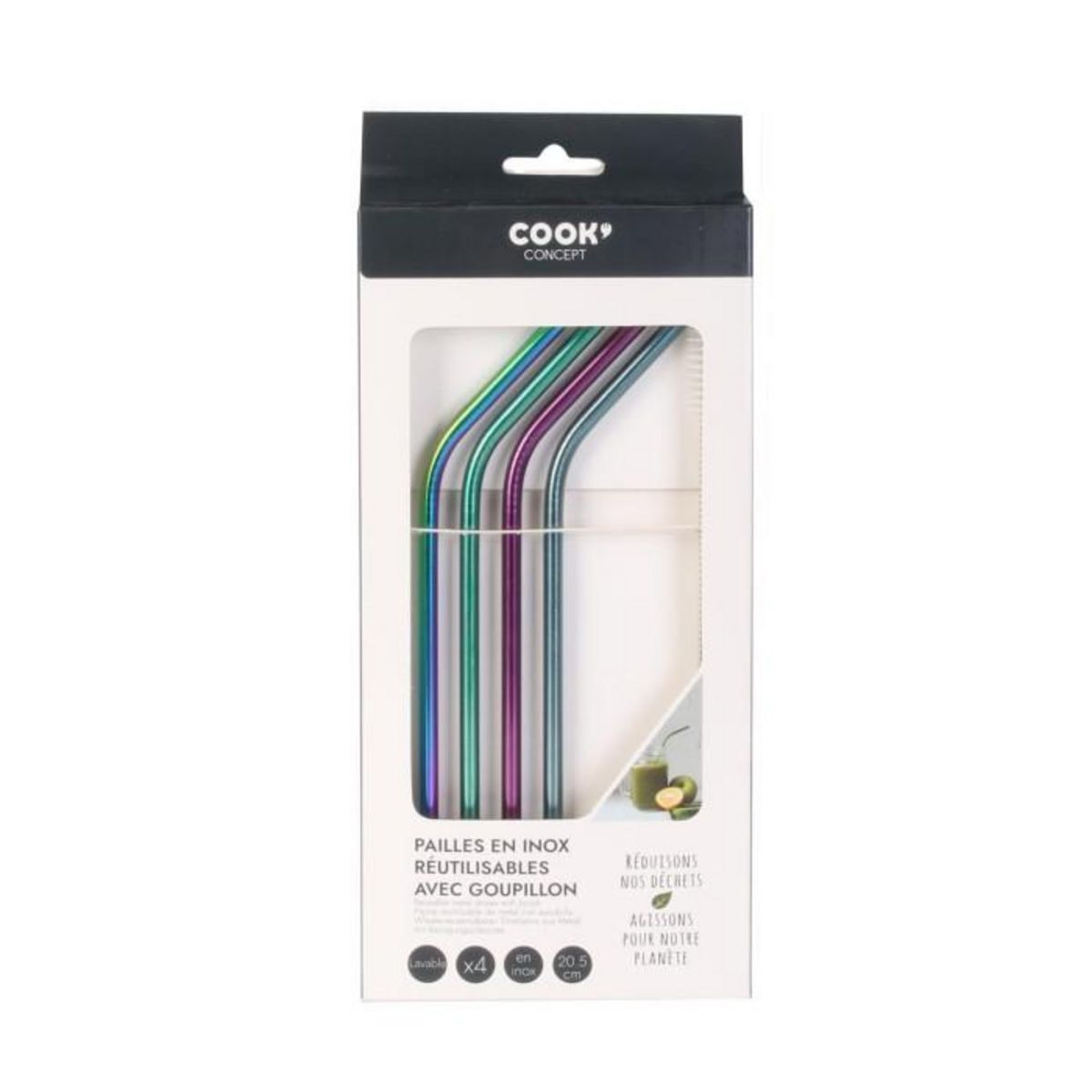 Paris Prix Lot de 4 Pailles Inox  Goupillon  22cm Multicolore