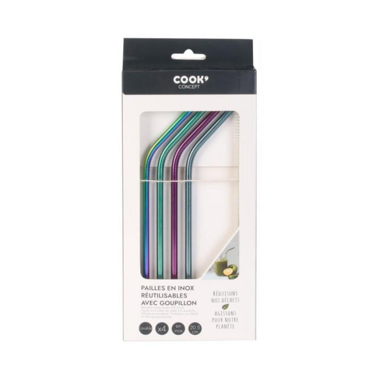 Paris Prix Lot de 4 Pailles Inox  Goupillon  22cm Multicolore