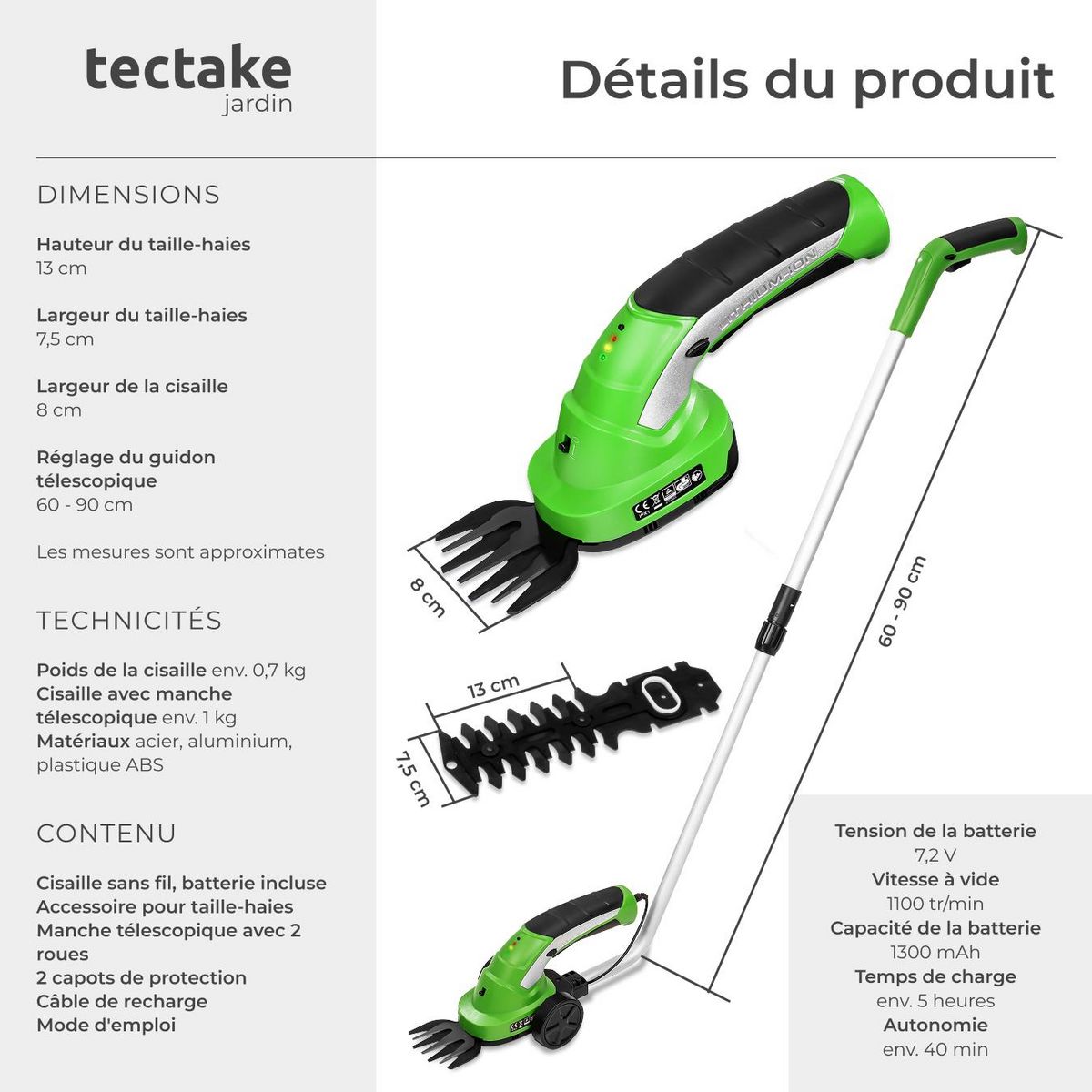 tectake Taille haie électrique 2-en-1 7,2 V avec 2 accessoires vert