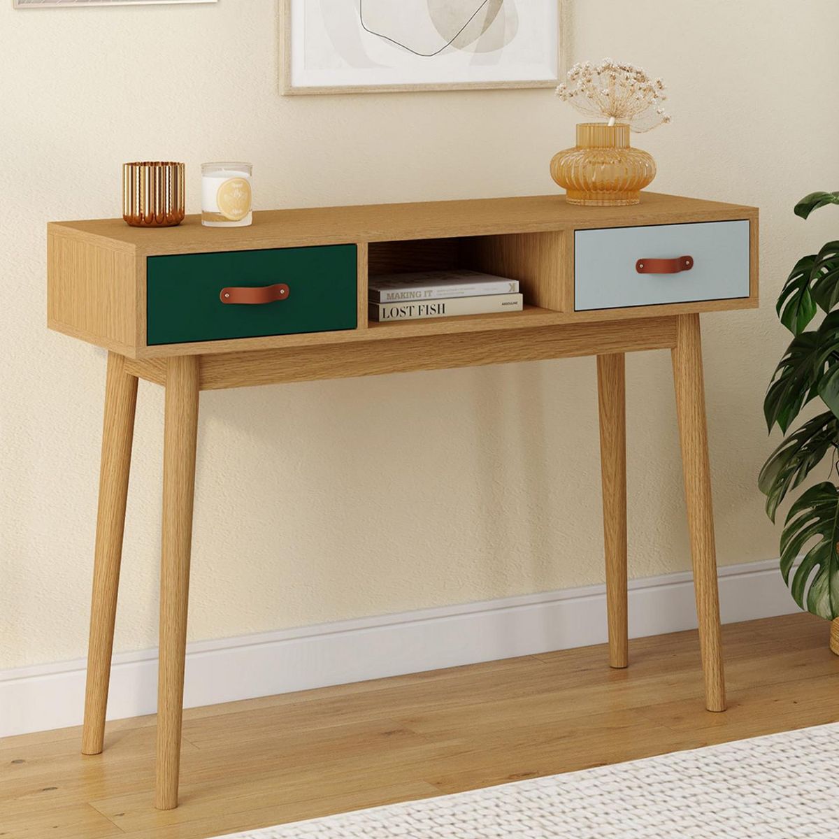 ID MARKET Console 2 tiroirs scandinave ALIZE bois et vert