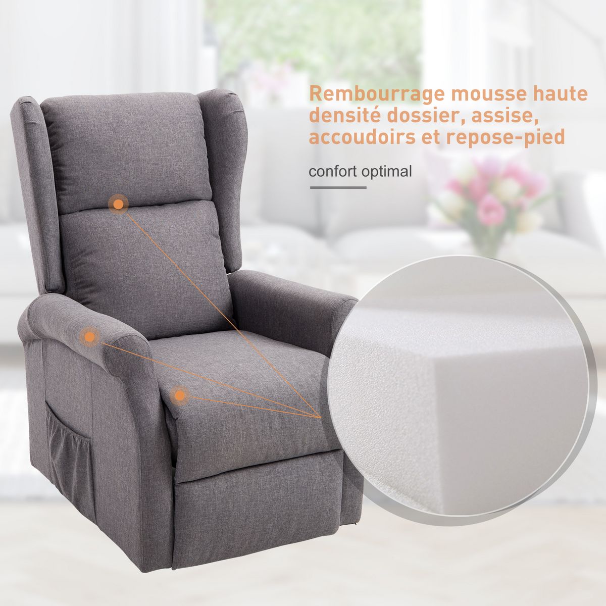 HOMCOM Fauteuil de relaxation électrique fauteuil releveur inclinable avec repose-pied ajustable lin gris chiné