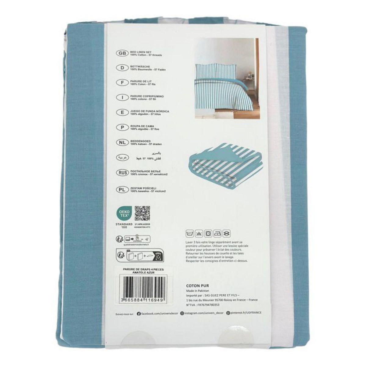 COTON PUR Parure de draps 4 pièces pour lit 160 x 200 cm  Grande largeur  Anatole azur