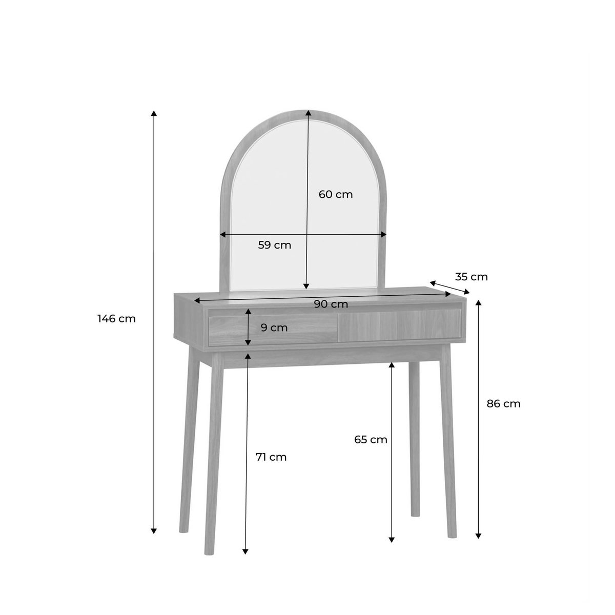 SWEEEK Coiffeuse décor bois LINEAR miroir arrondi 2 tiroirs 90 cm. façade striée. Noyer