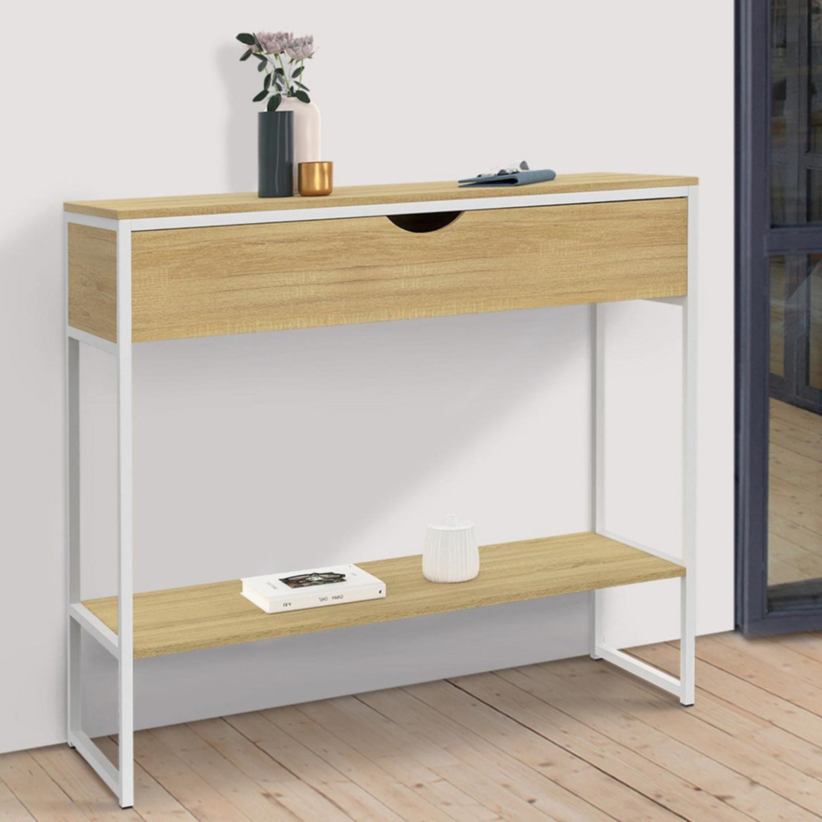ID MARKET Console 1 tiroir DETROIT 1 étagère design industriel bois et métal blanc
