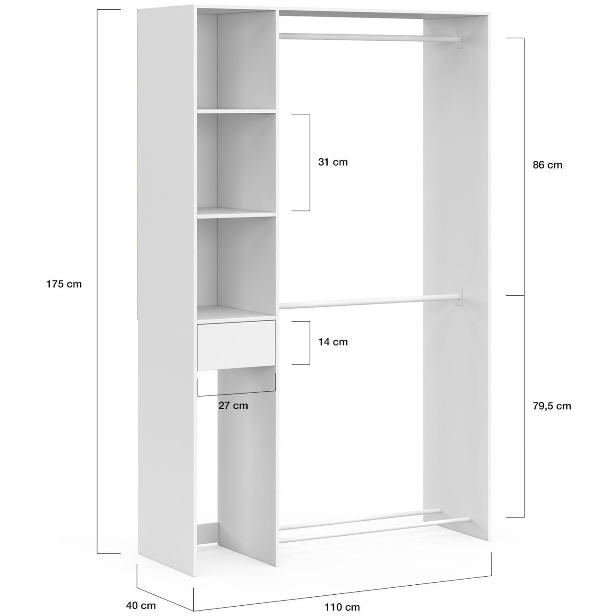 Voir la diapositive 4 : ID MARKET Dressing double penderie l. 110 cm mirty avec étagères + tiroir + rangements à chaussures blanc