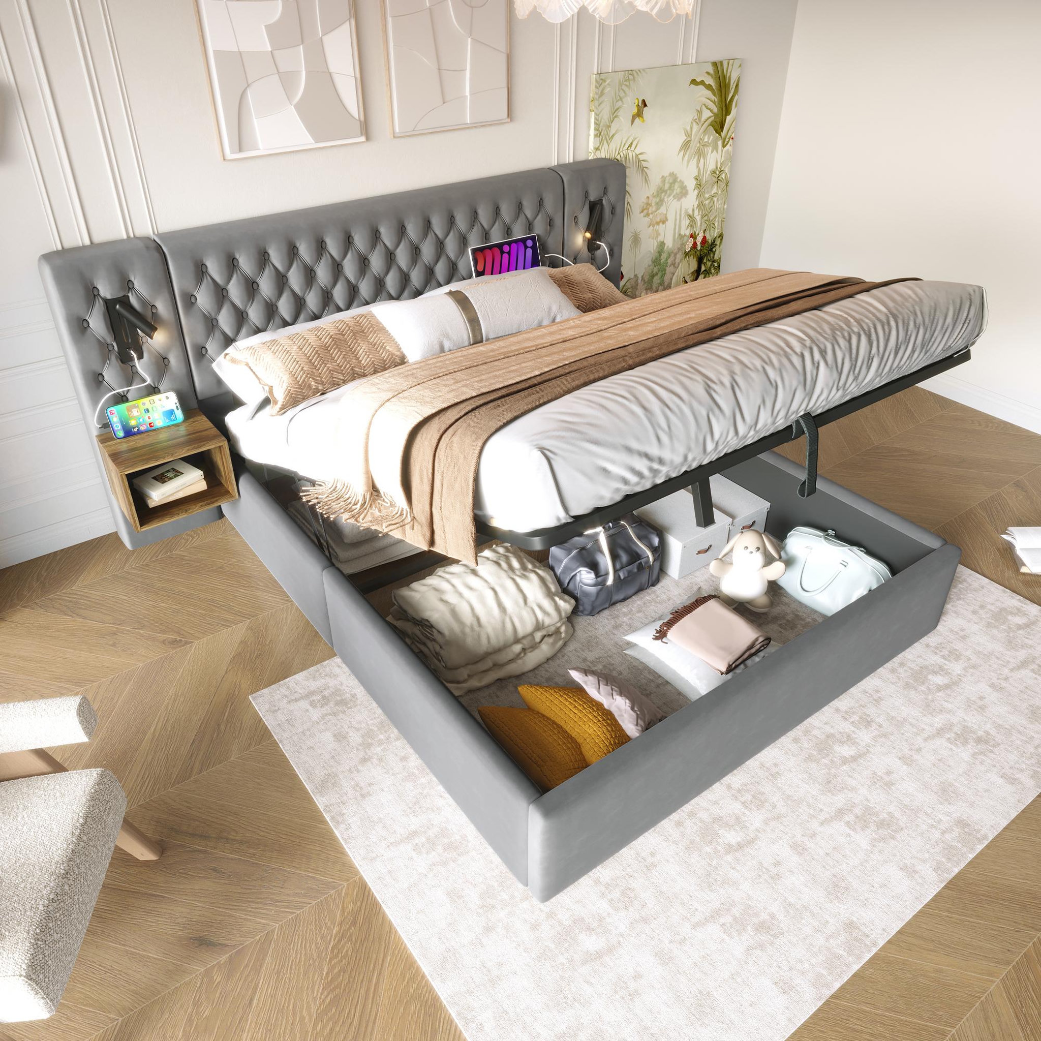 Voir la diapositive 2 : MERAX Lit coffre velours avec 2 chevets, liseuses led usb et tête de lit