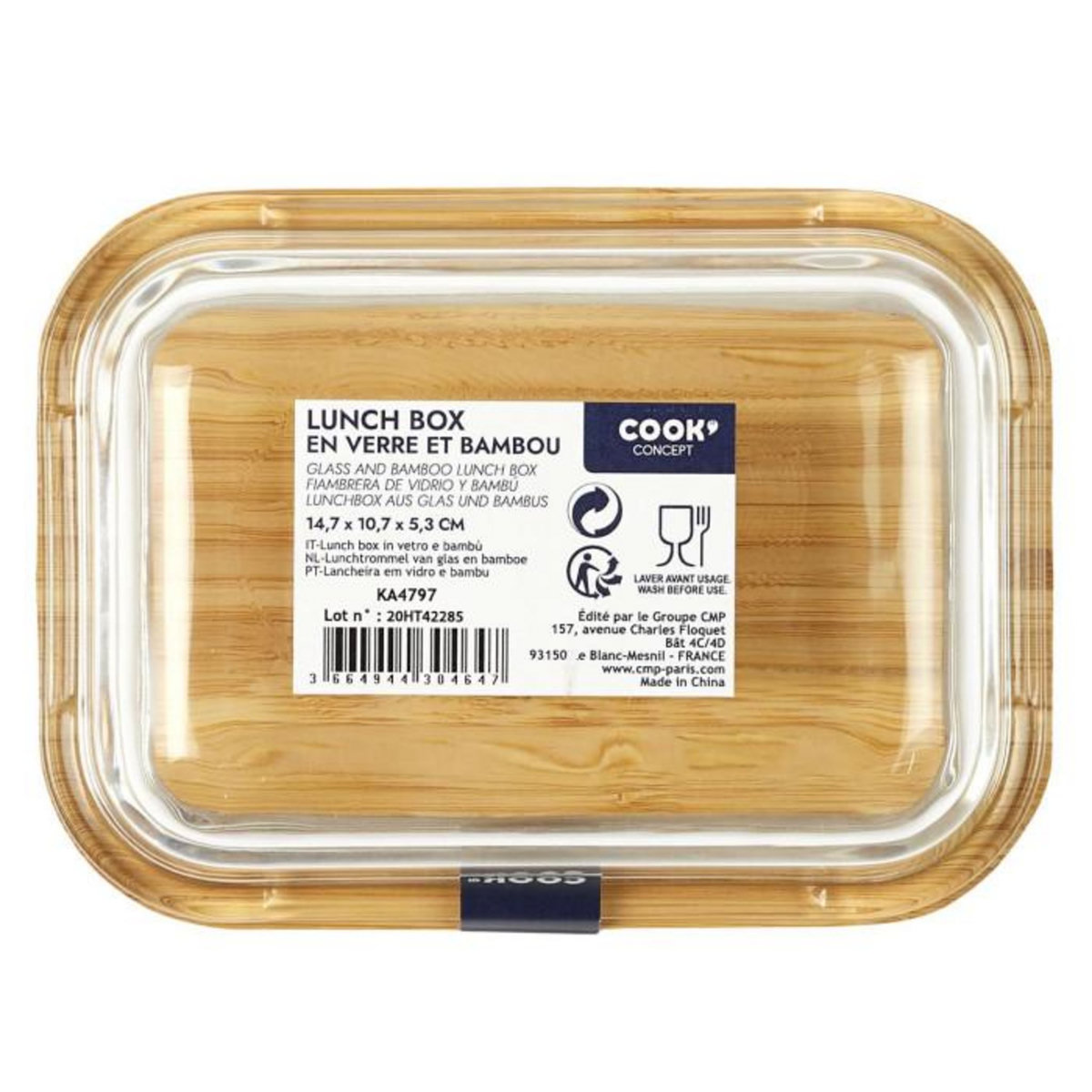 Paris Prix Lunch Box Verre & Bambou  Repas  32cl Transparent