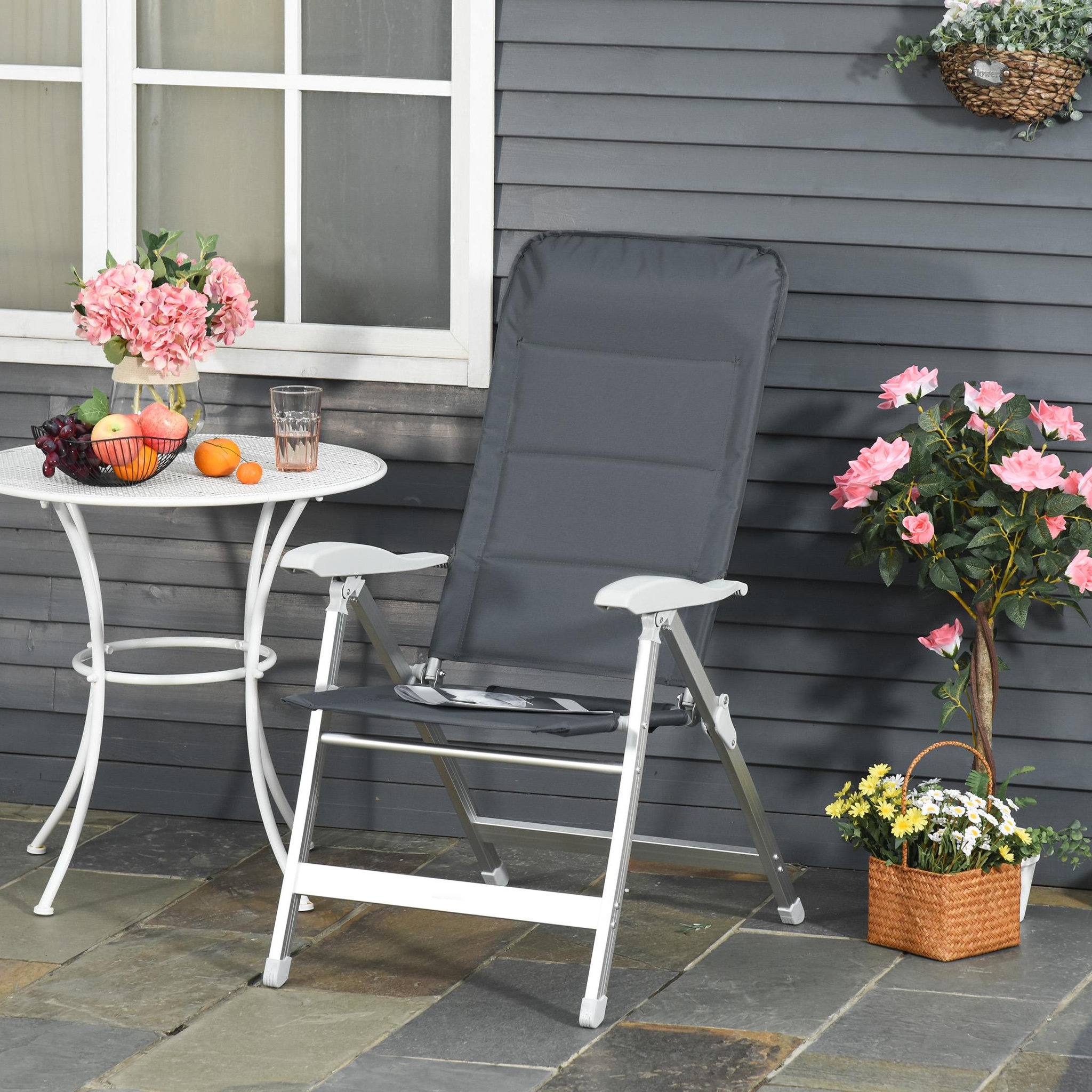 Voir la diapositive 4 : OUTSUNNY Chaise de jardin pliante dossier haut inclinable multipositions accoudoirs tétière alu. oxford déperlant gris